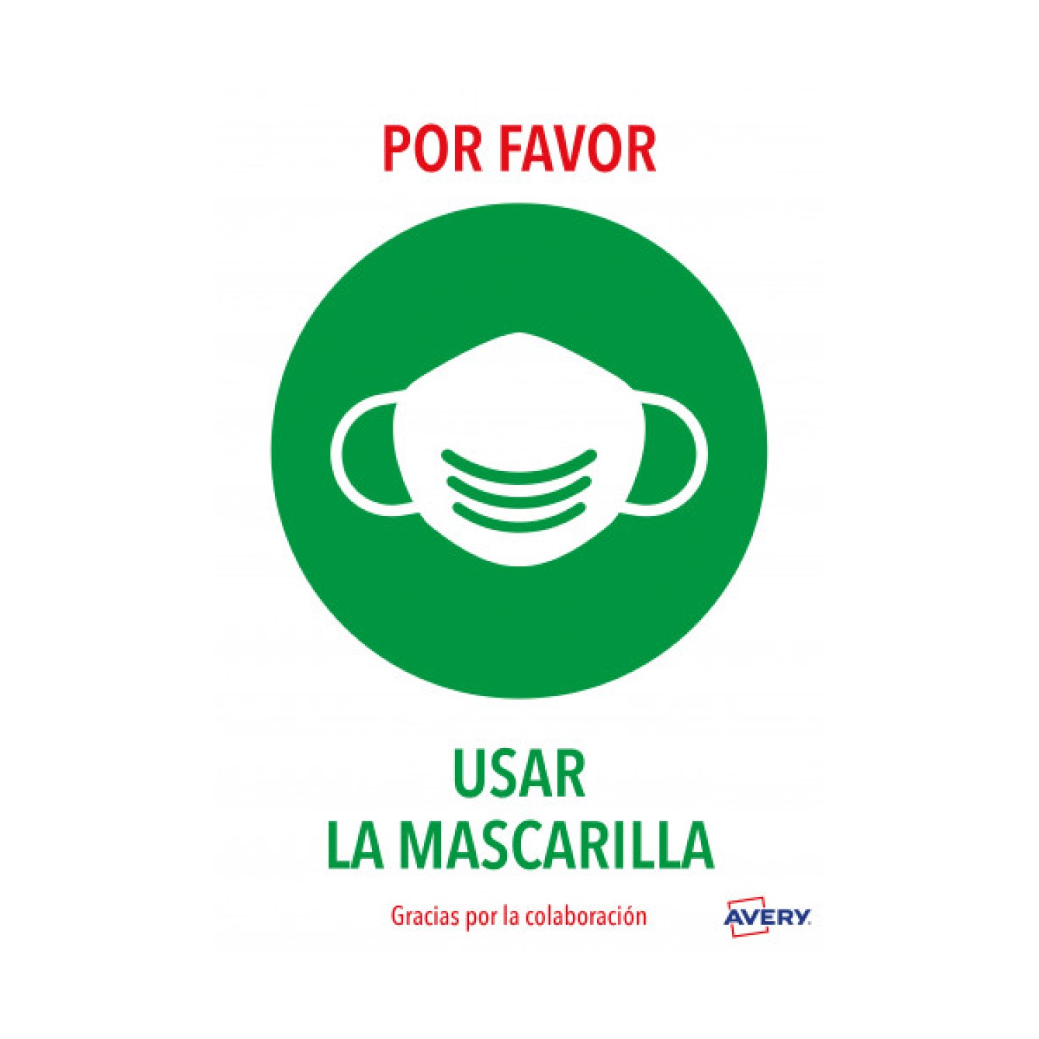 Avery · Señales Adhesivas Preimpresas · "Usar Mascarillas" · 2 Hojas A4
