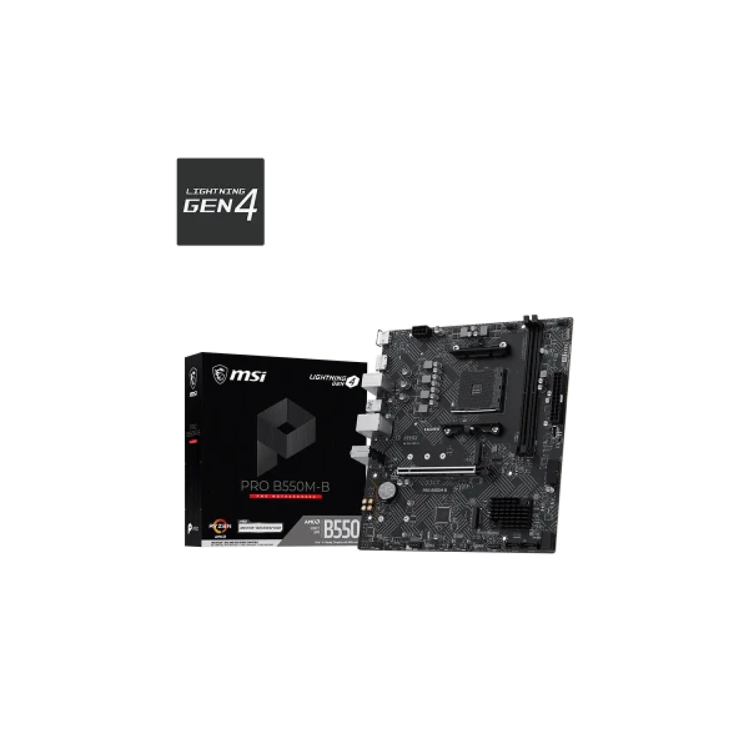 MSI PRO B550M-B · AMD AM4 · DDR4 hasta 64GB · HDMI+DP · 4 SATA3+2 M.2 · 7 USB3.2 · mATX