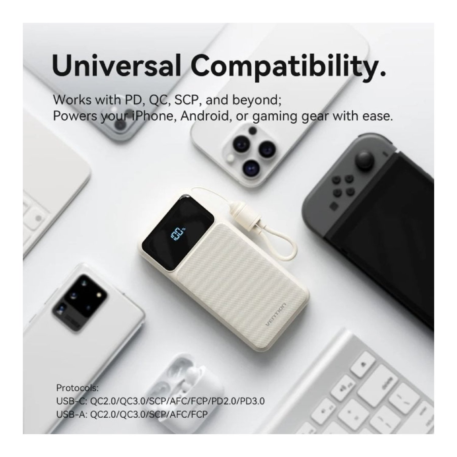 Powerbank 10000mAh Vention XGYW0-39-TY/ 22.5W/ Blanca/ Incluye Cable USB Tipo-C