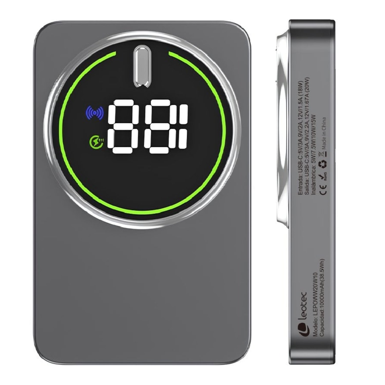 Powerbank 10000mAh Leotec LEPOWW20W10G/ 20W/ Wireless/ Gris/ Incluye Cable USB Tipo-C
