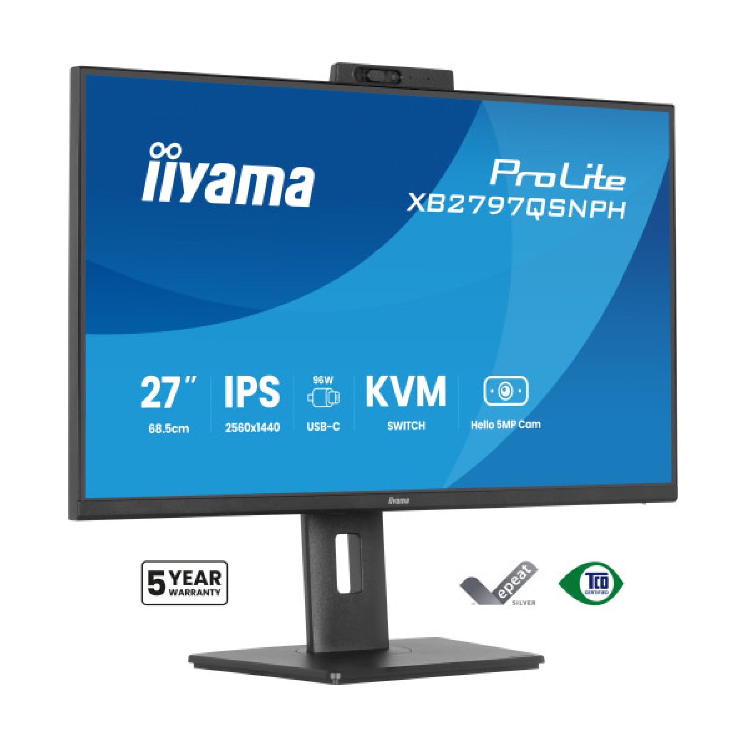 iiyama Monitor 27" · Cámara 5MP Windows Hello · Micrófono · USB-C · KVM · Altura Ajustable
