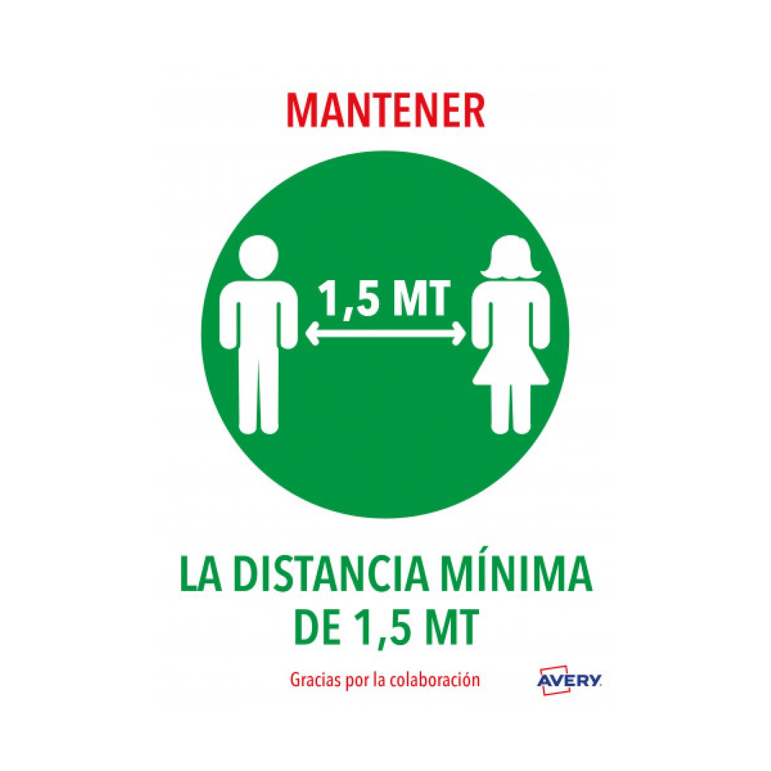 Avery · Señal Adhesiva A4 · Mantener Distancia Mínima 1,5m · Pack 2 Hojas