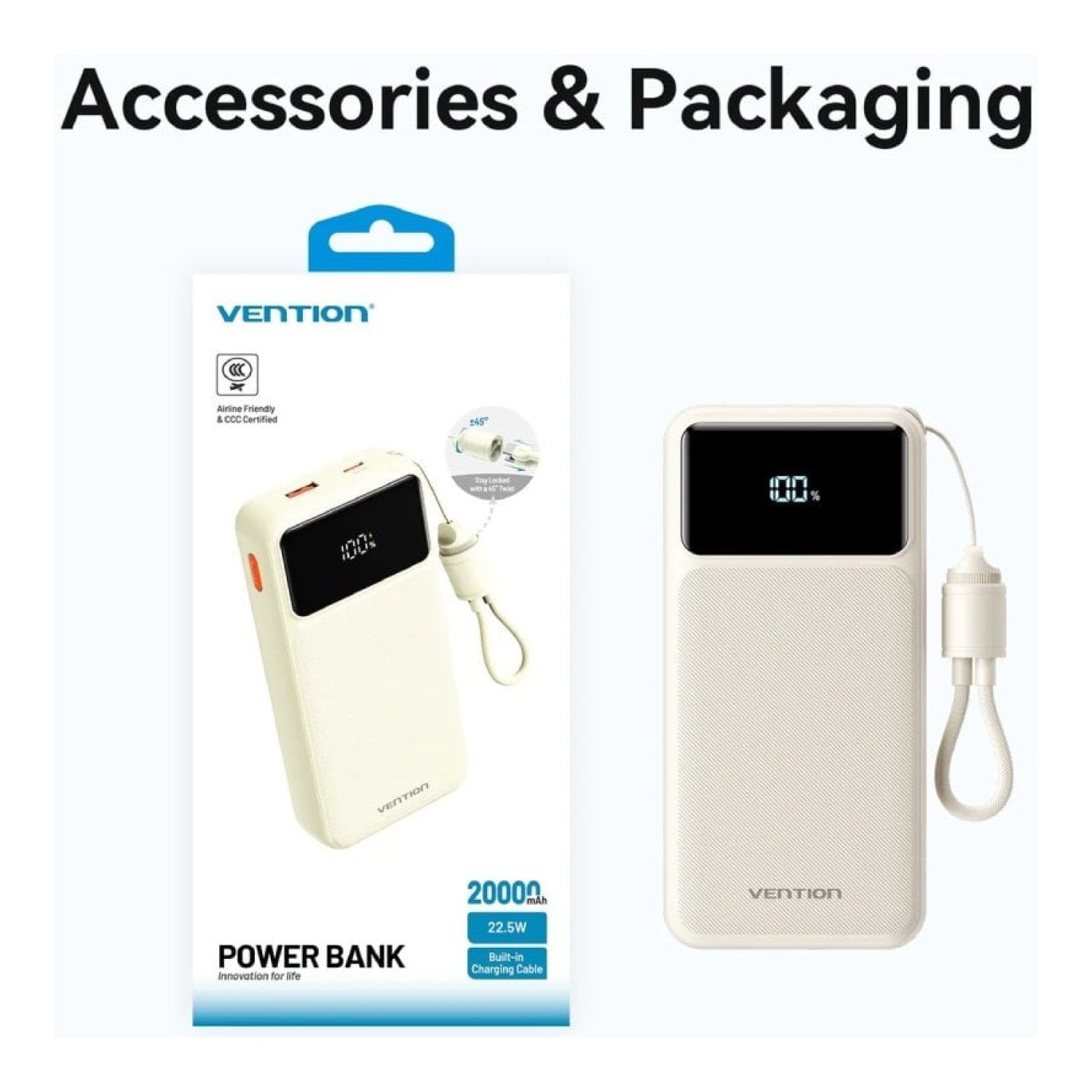 Powerbank 20000mAh Vention XGYL0-40-TY/ 22.5W/ Azul/ Incluye Cable USB Tipo-C