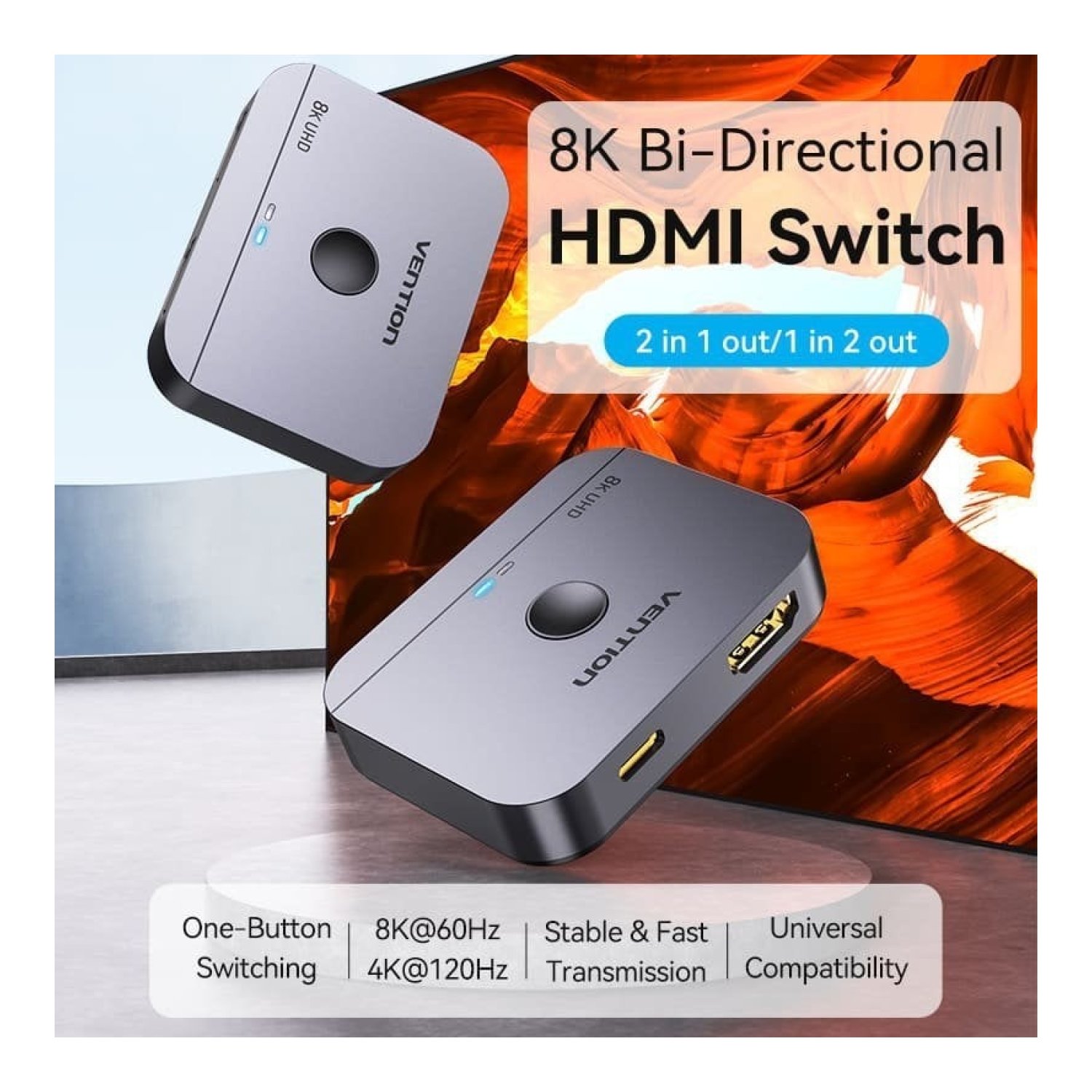 Switch Conmutador 8K HDMI 2.1 Bidireccional Vention AKPB0 HDMI Hembra/USB-C Hembra - 2x HDMI Hembra