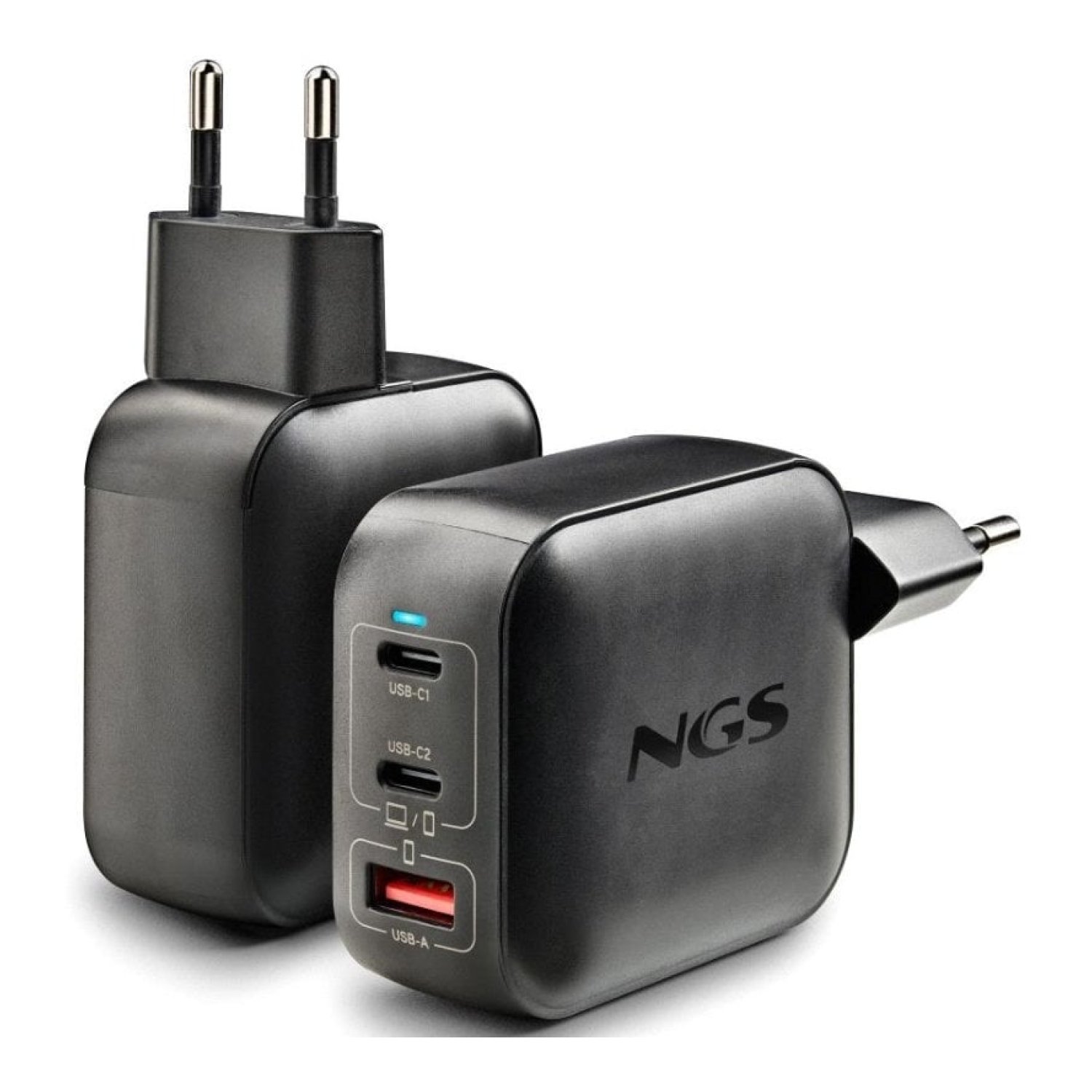 NGS BUD100WTINY · Cargador GaN 100W · 2xUSB-C + 1xUSB