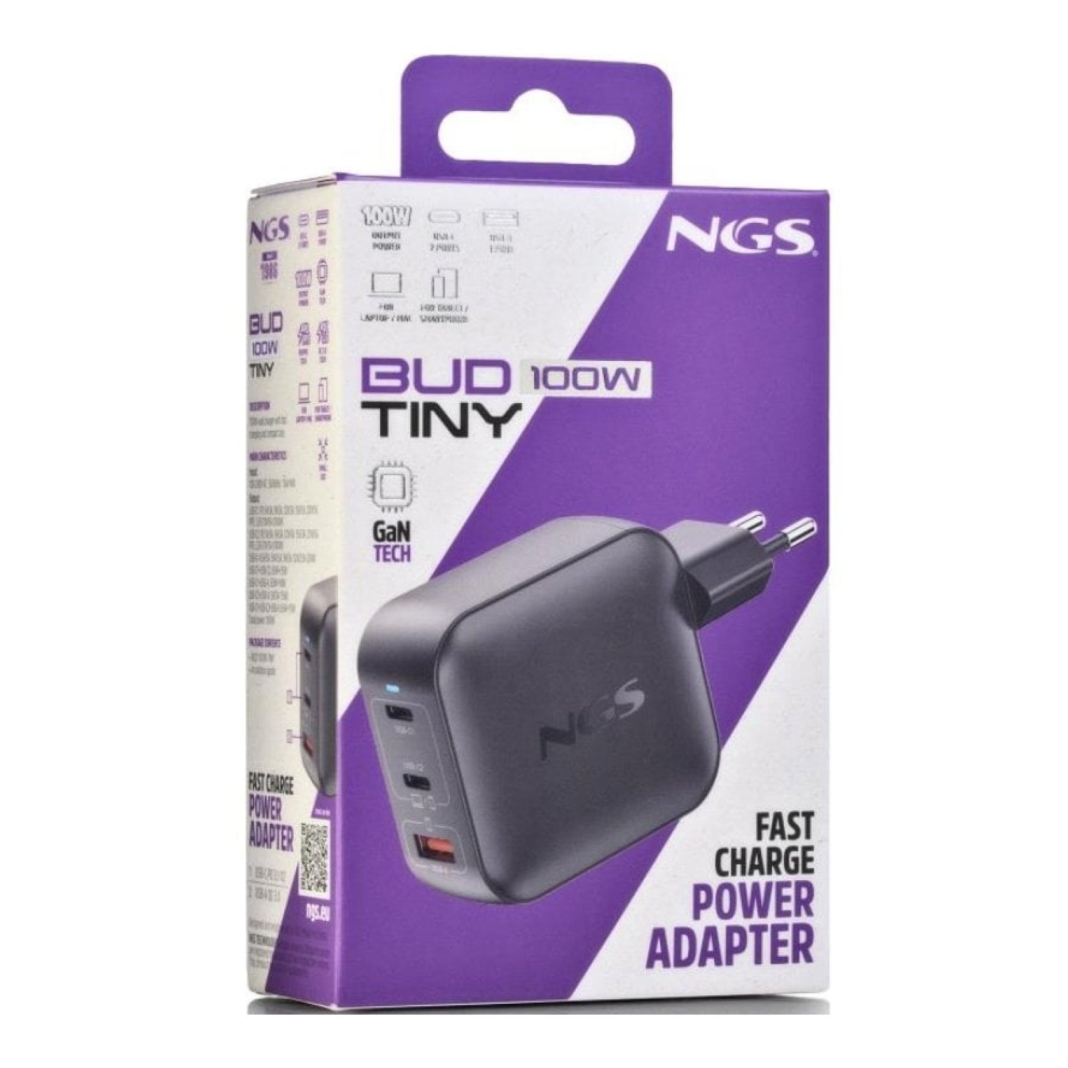 NGS BUD100WTINY · Cargador GaN 100W · 2xUSB-C + 1xUSB