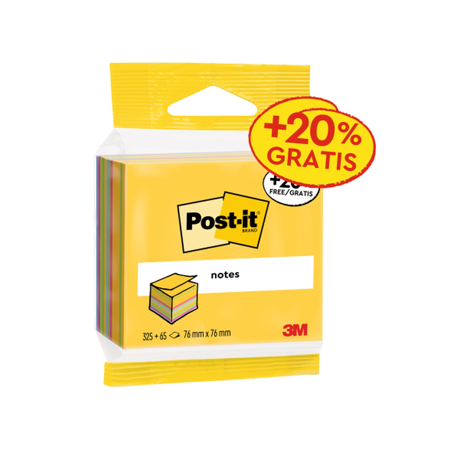 CUBO 325+65 HOJAS NOTAS ADHESIVAS 76X76MM COLORES SURTIDOS EMBLISTADO INDIVIDUAL 2014-UCP POST-IT 7100172397