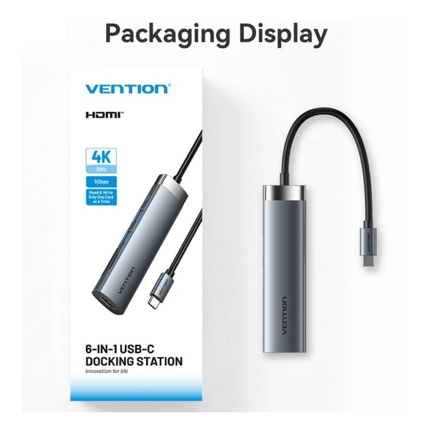 Docking USB Tipo-C Vention THJHB/ 1xHDMI 4K/ 2xUSB/ 1xUSB Tipo-C PD/ Gris