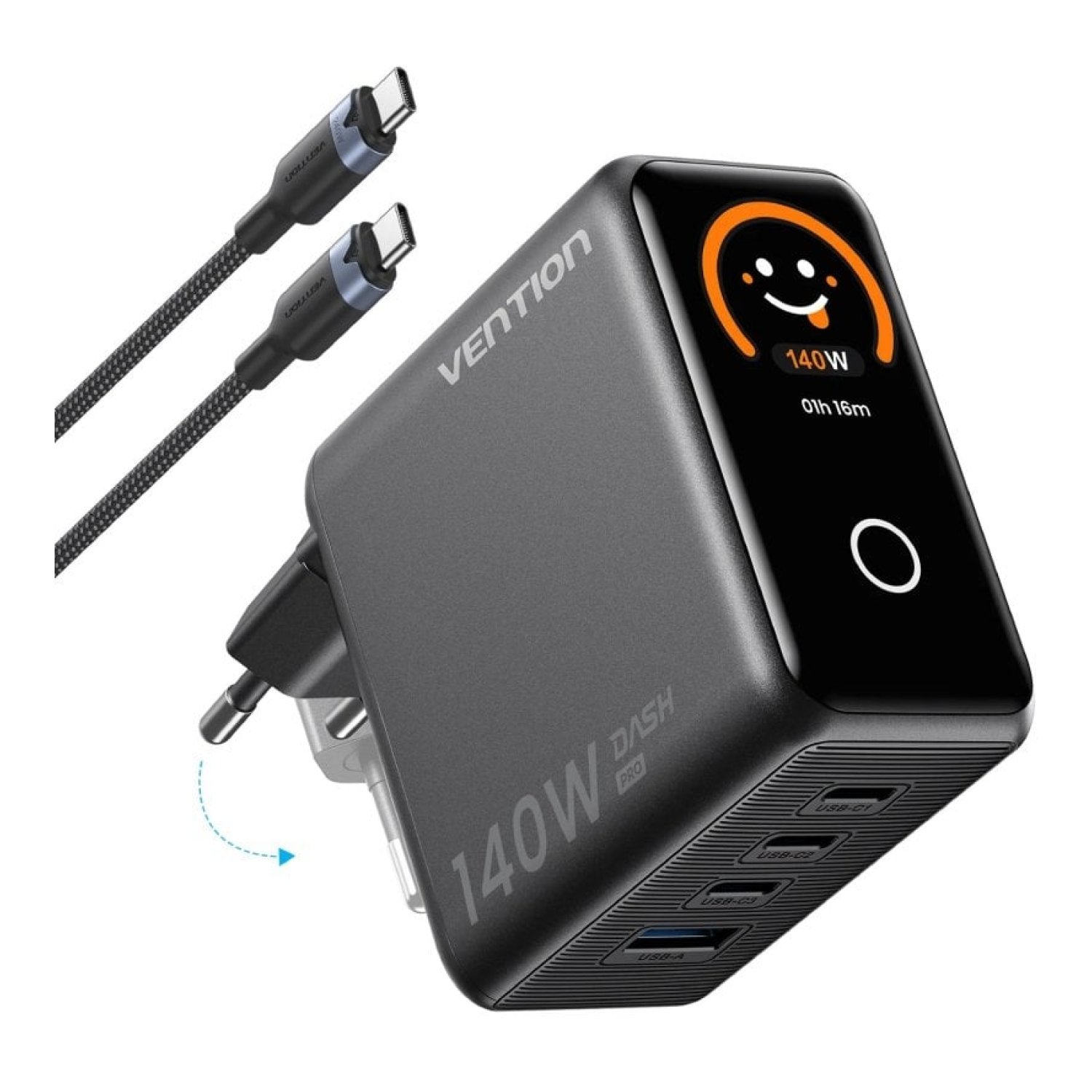 Cargador de Pared GaN Vention TZ-FCOH0-EU/ 3xUSB Tipo-C + Cable USB Tipo-C/ 1xUSB/ 140W