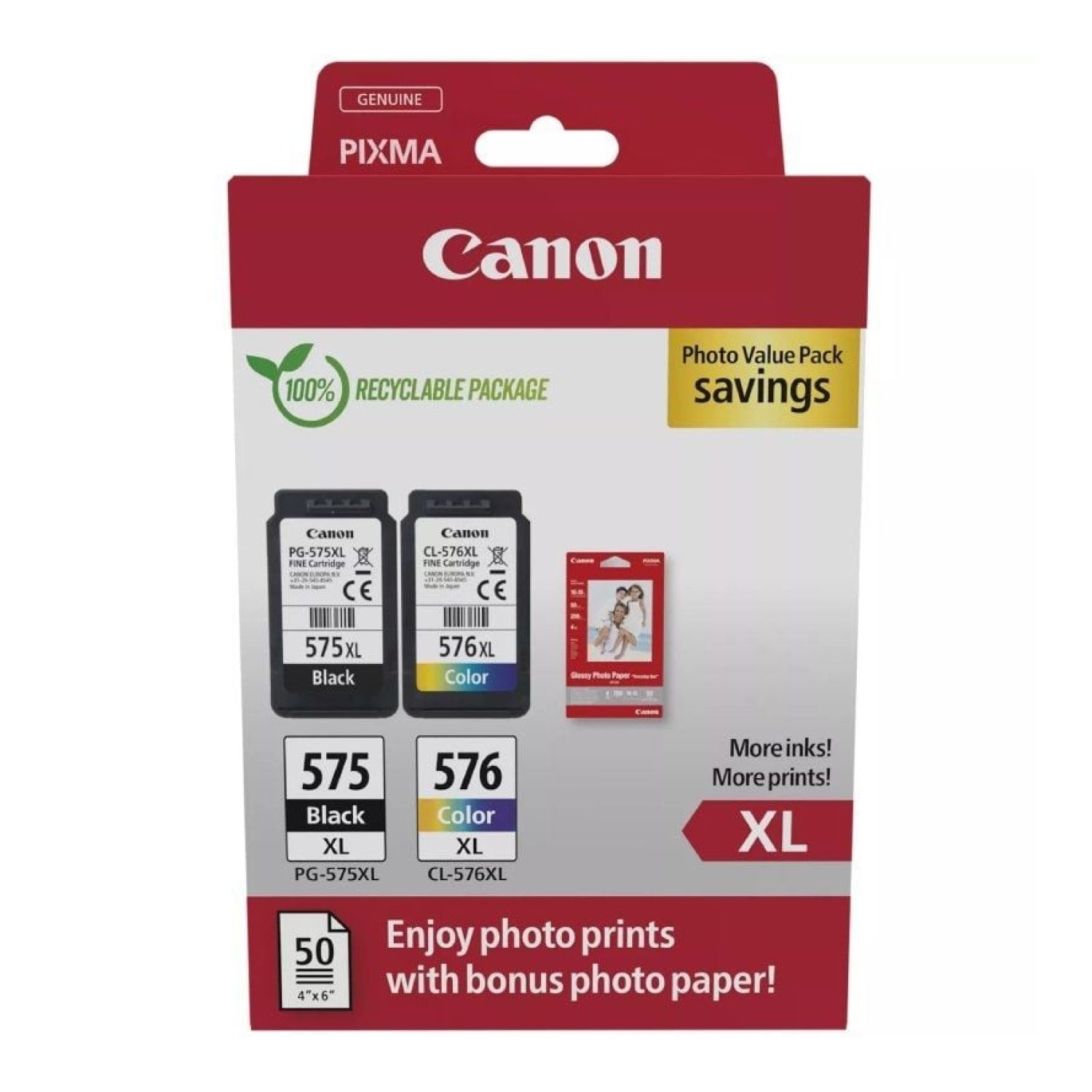 Cartucho de Tinta Original Canon PG-575XL + CL576XL Multipack Alta Capacidad/ Negro/ Tricolor + Papel Fotográfico