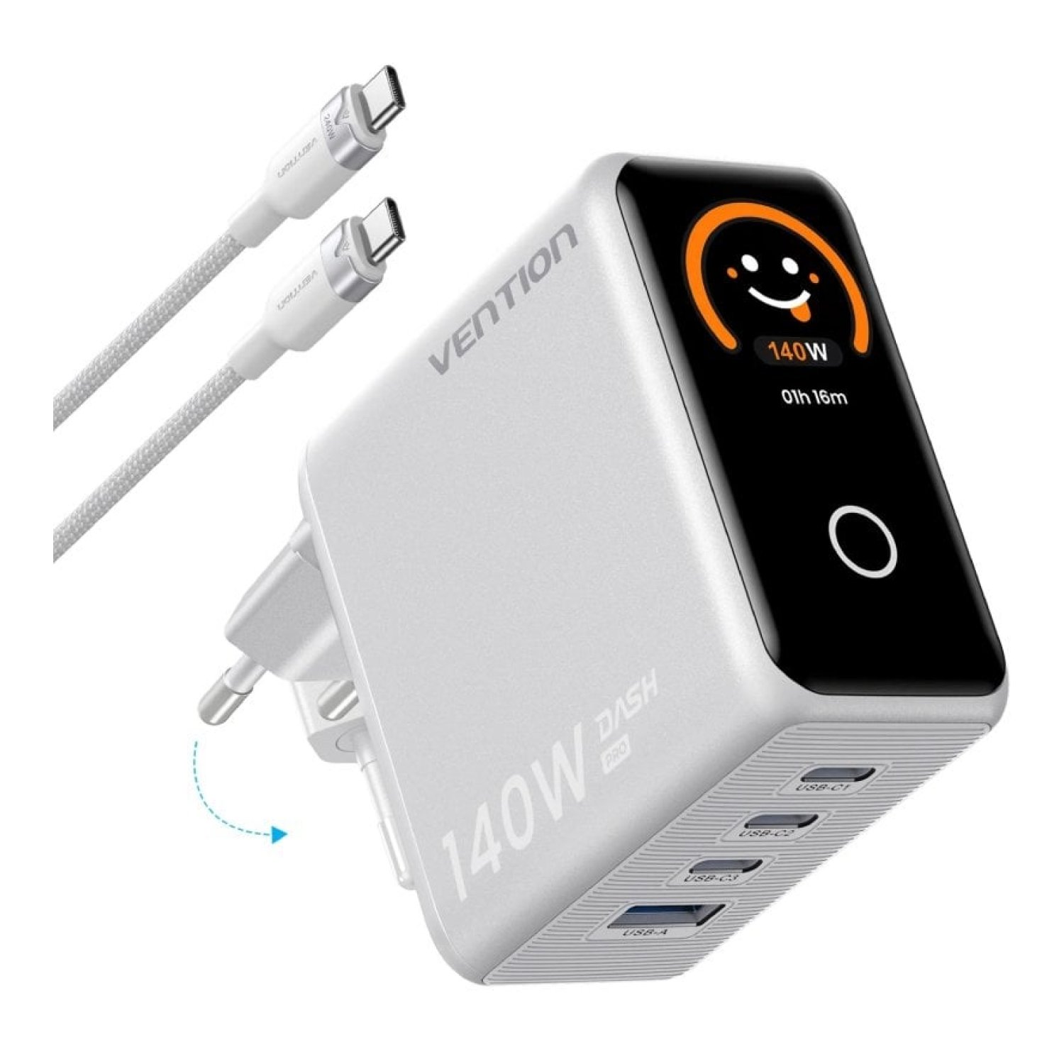 Cargador de Pared GaN Vention TZ-FCOI0-EU/ 3xUSB Tipo-C + Cable USB Tipo-C/ 1xUSB/ 140W