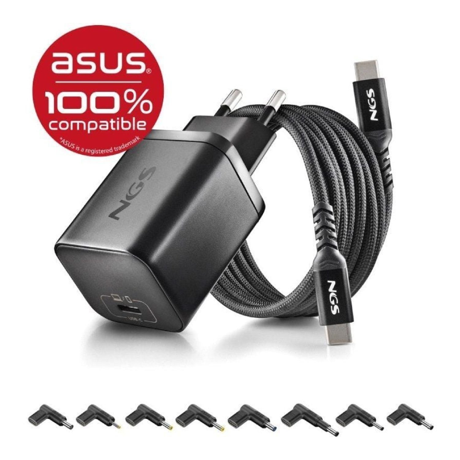 Cargador de Portátil GaN NGS BUD65W-AS para Asus/ 1xUSB Tipo-C/ 65W/ Automático/ 8 Conectores/ Voltaje 5-20V