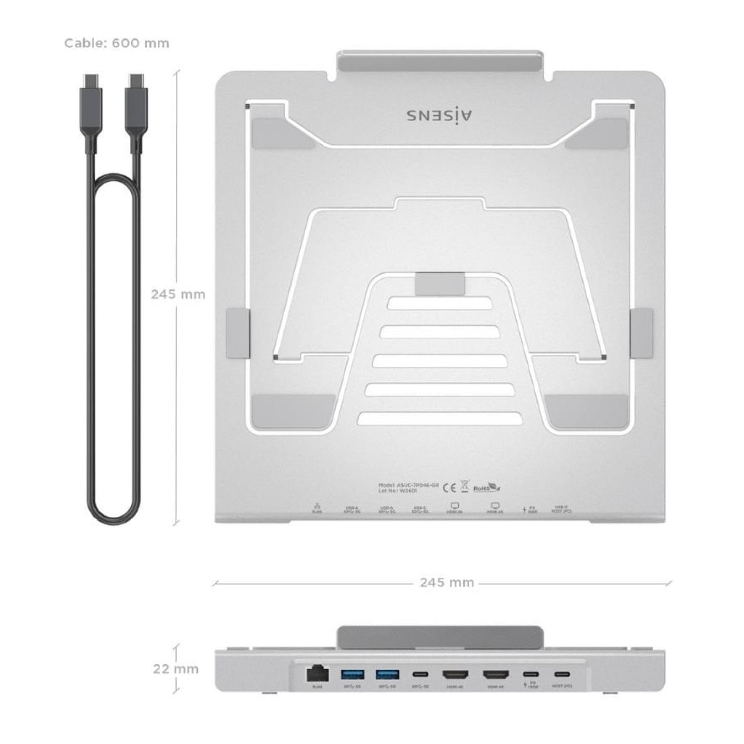 Soporte de Sobremesa - Docking USB Tipo-C Aisens ASUC-7P046-GR/ 2xUSB/ 1xUSB Tipo-C/ 2xHDMI/ 1xRJ45/ 1xUSB Tipo-C PD/ Gris
