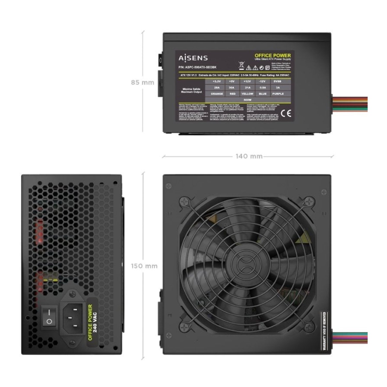 Fuente de Alimentación Aisens ASPC-500ATX-SEOBK/ 500W/ Ventilador 12cm