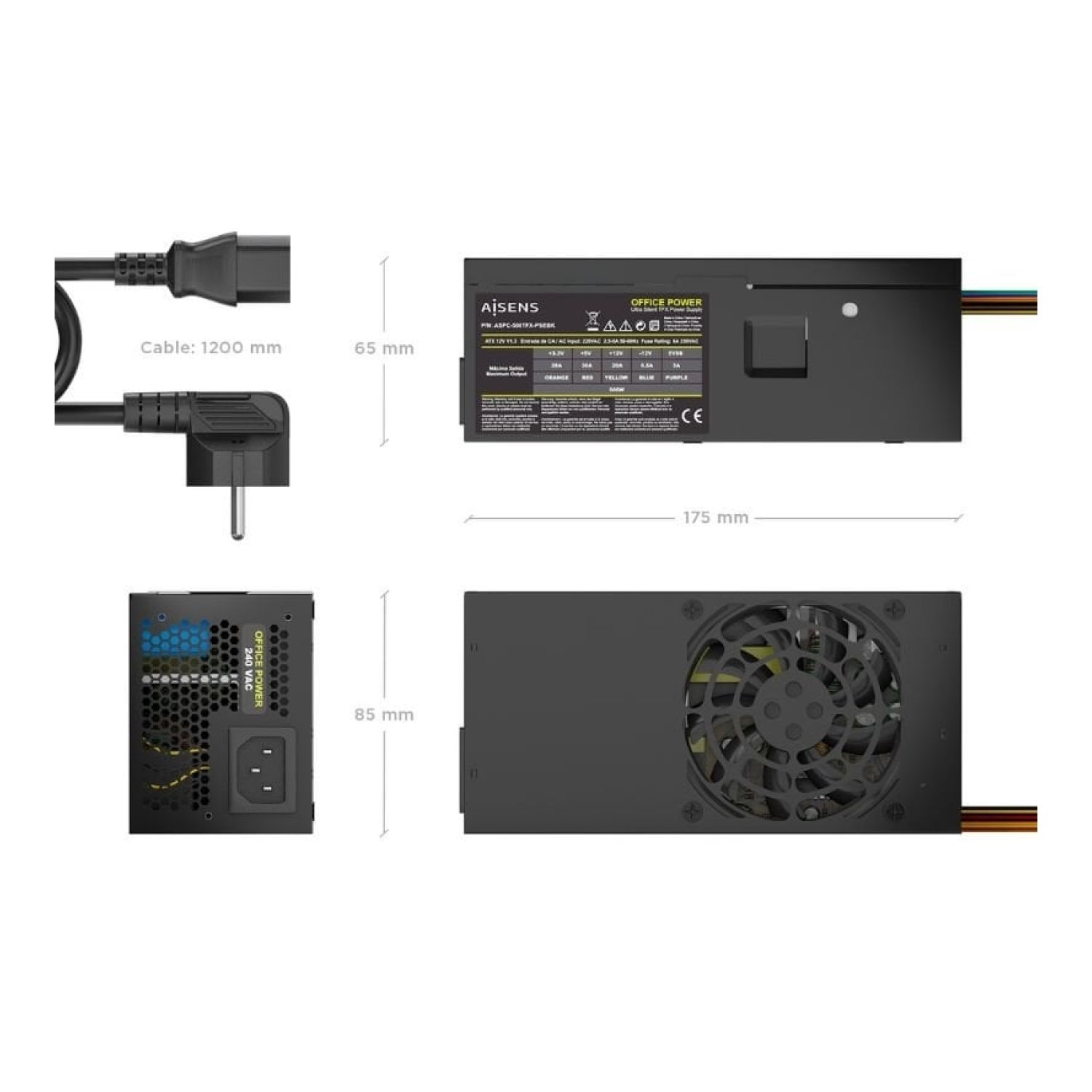 Fuente de Alimentación TFX Aisens ASPC-500TFX-PSEBK/ 500W/ Ventilador 8cm