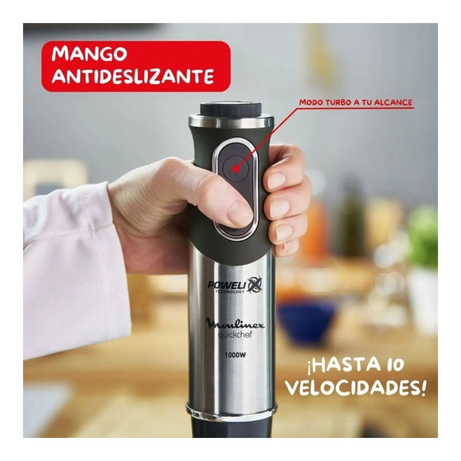 Batidora de mano Moulinex Quickchef/ 1000W/ 10 Velocidades/ Capacidad 800ml/ Incluye Varillas, Picadora, Pasapuré y Vaso Medidor