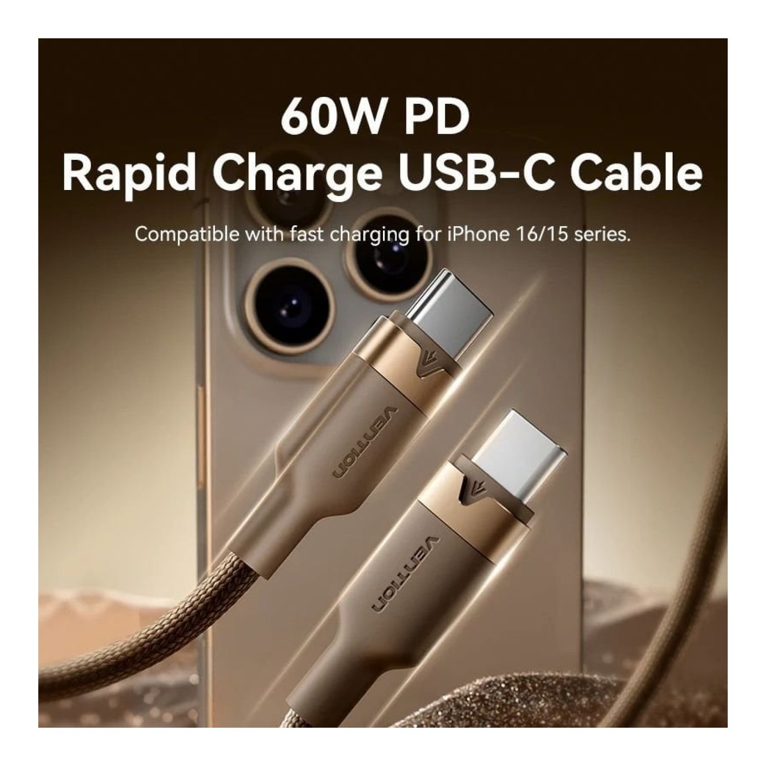 Cable USB 2.0 Tipo-C 3A Vention TRDJF/ USB Tipo-C Macho - USB Tipo-C Macho/ Hasta 60W/ 480Mbps/ 1m/ Oro Desierto
