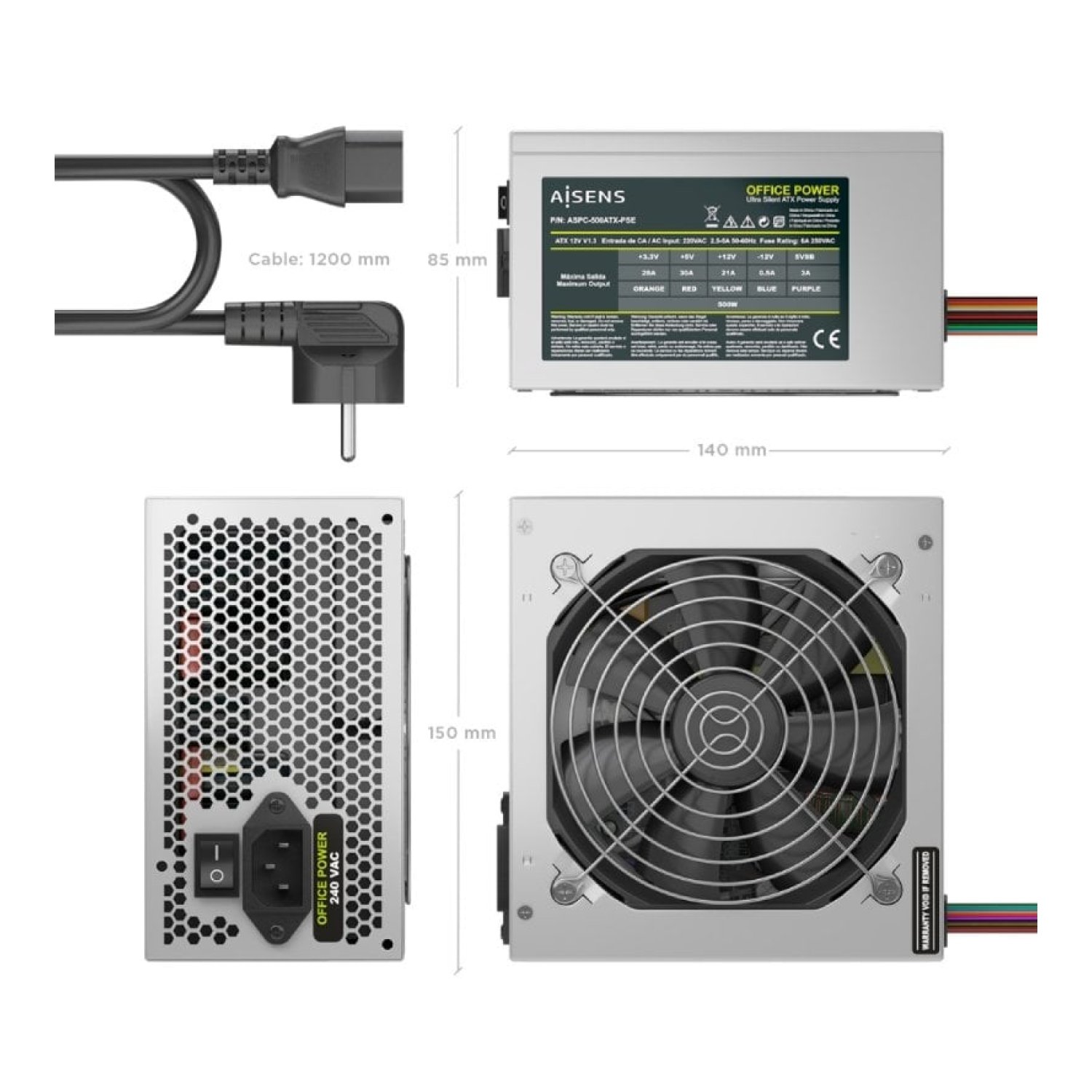 Fuente de Alimentación Aisens ASPC-500ATX-PSE/ 500W/ Ventilador 12cm