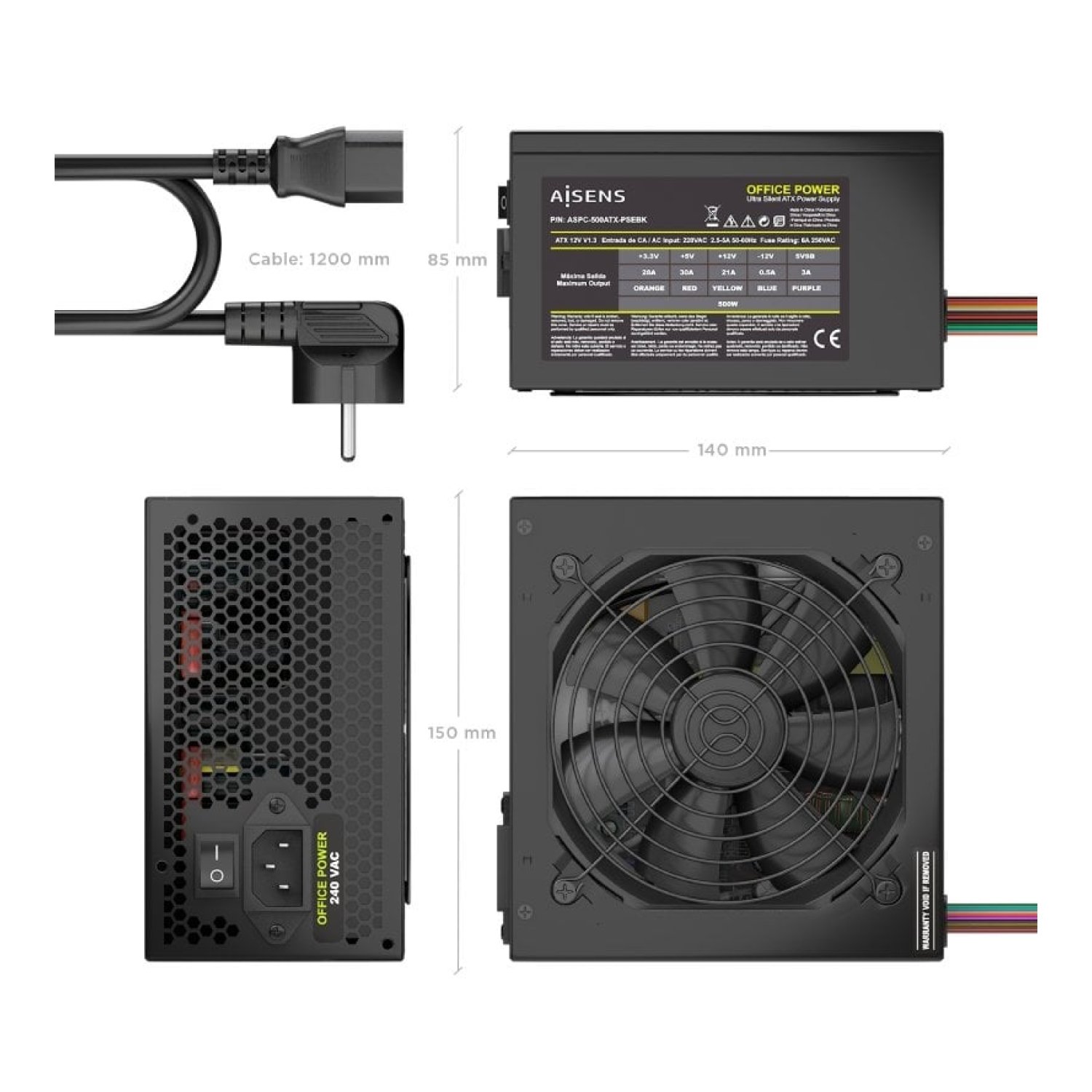 Fuente de Alimentación Aisens ASPC-500ATX-PSEBK/ 500W/ Ventilador 12cm