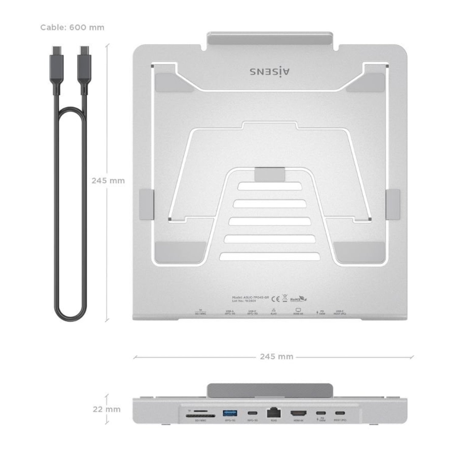 Soporte de Sobremesa - Docking USB Tipo-C Aisens ASUC-7P045-GR/ 1xUSB/ 1xUSB Tipo-C/ 1xHDMI/ 1xRJ45/ 1xLector de Tarjetas/ 1xUSB Tipo-C PD/ Gris