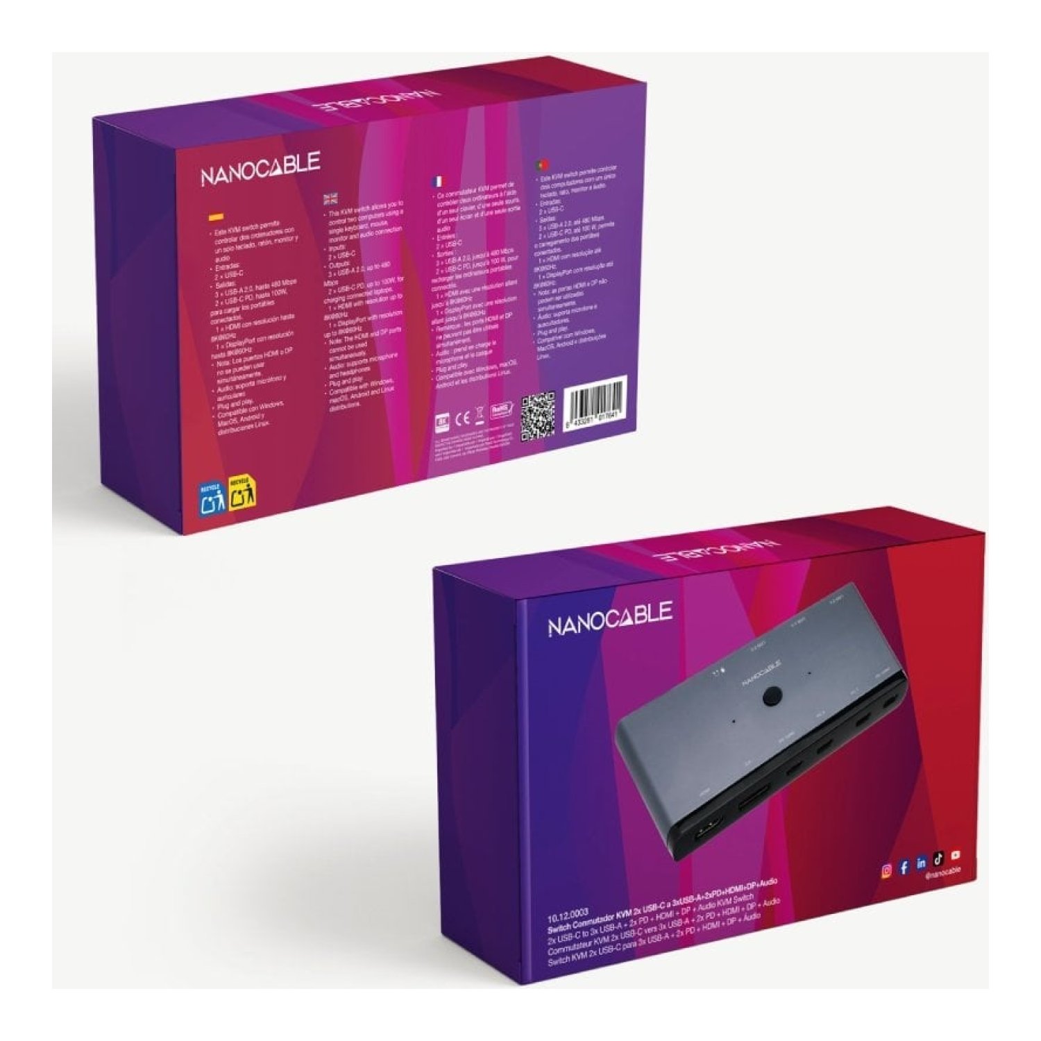Switch Conmutador 8K Nanocable 10.12.0003/ 1x HDMI/ 1x DisplayPort/ 3x USB/ 2x USB Tipo-C/ 1x Jack 3.5mm/ 2x USB Tipo-C PD