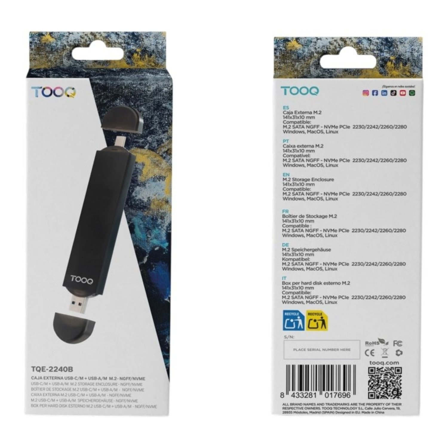 Caja Externa para Disco SSD M.2 NVMe TooQ TQE-2240B/ USB 3.0/ USB Tipo-C 3.2 Gen2