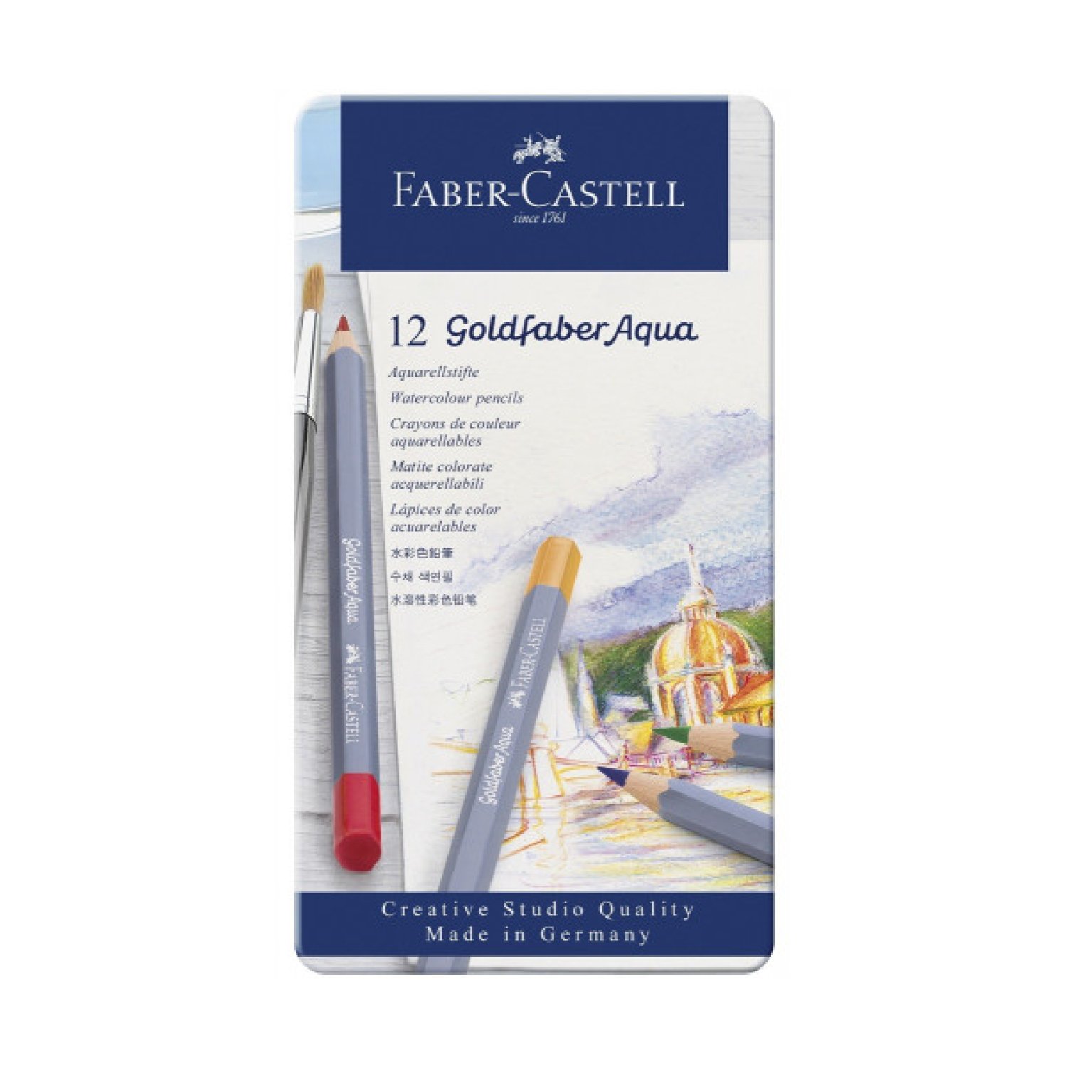 ESTUCHE DE METAL CON 12 LÁPICES DE COLORES ACUARELABLES GOLDFABER. FABER CASTELL 114612