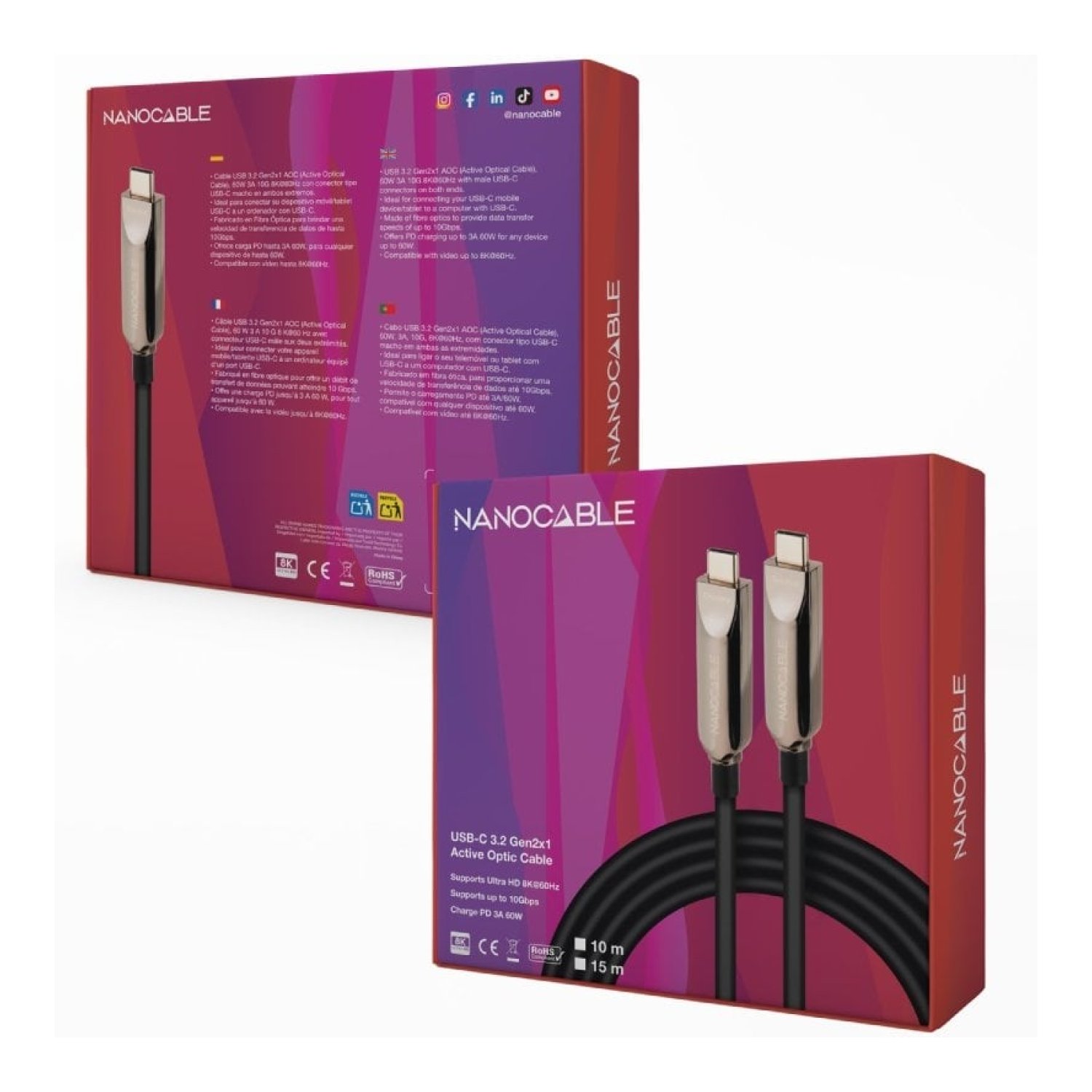 Cable USB 3.2 Tipo-C AOC Nanocable 10.01.4605/ USB Tipo-C Macho - USB Tipo-C Macho/ Hasta 60W/ 10Gbps/ 5m/ Negro