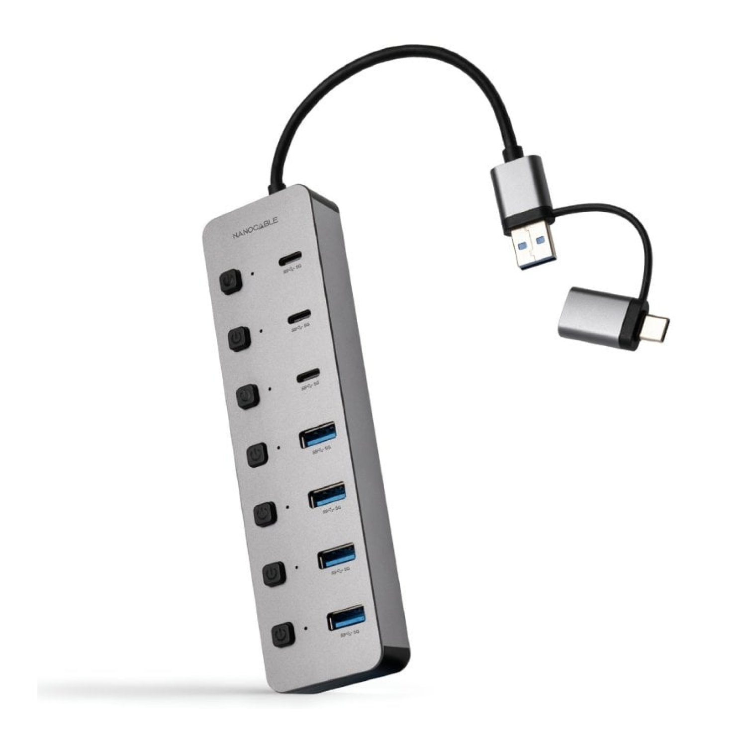 Hub USB + USB Tipo-C Nanocable 10.16.4510/ 4xUSB/ 3xUSB Tipo-C/ 1xUSB Tipo-C PD/ Gris