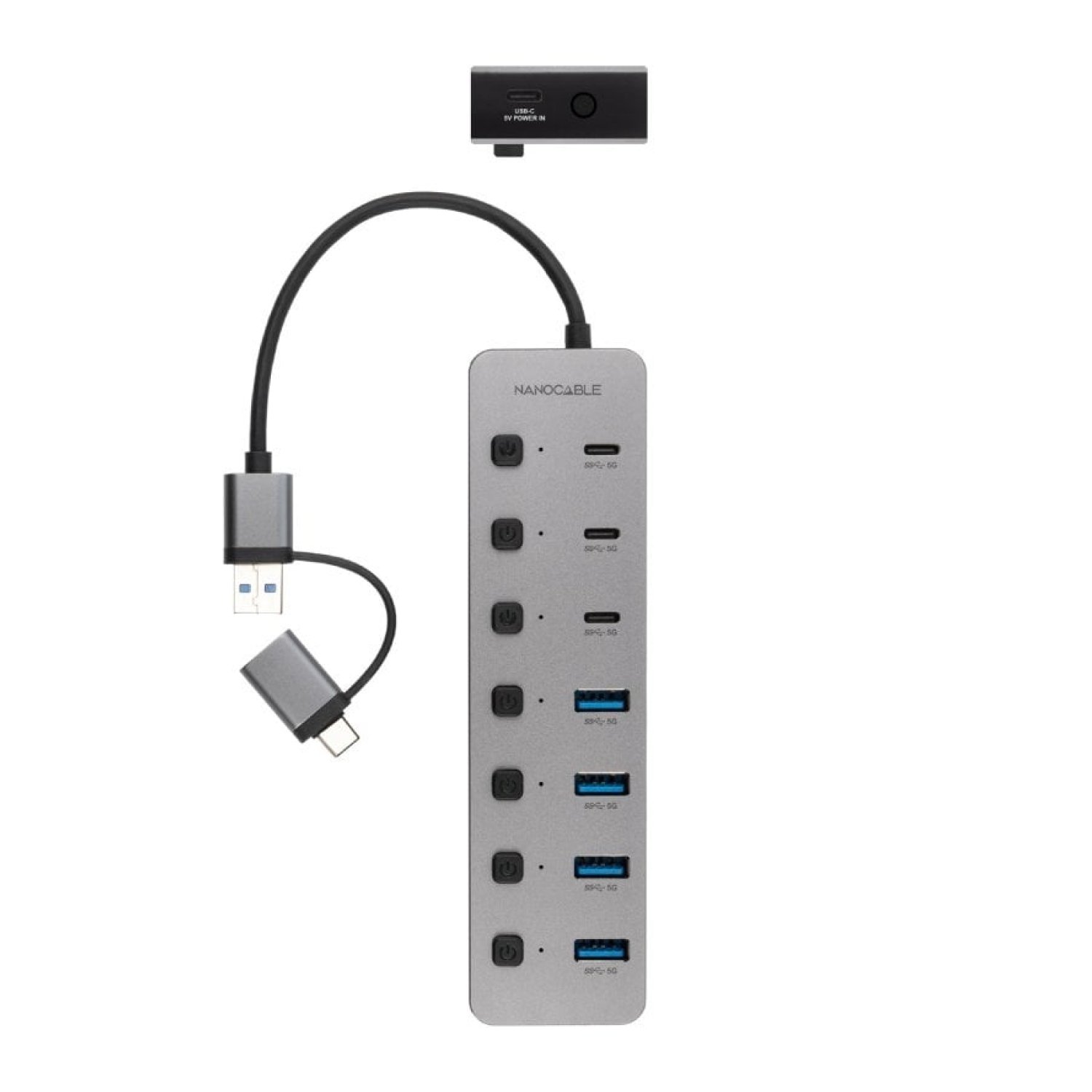 Hub USB + USB Tipo-C Nanocable 10.16.4510/ 4xUSB/ 3xUSB Tipo-C/ 1xUSB Tipo-C PD/ Gris