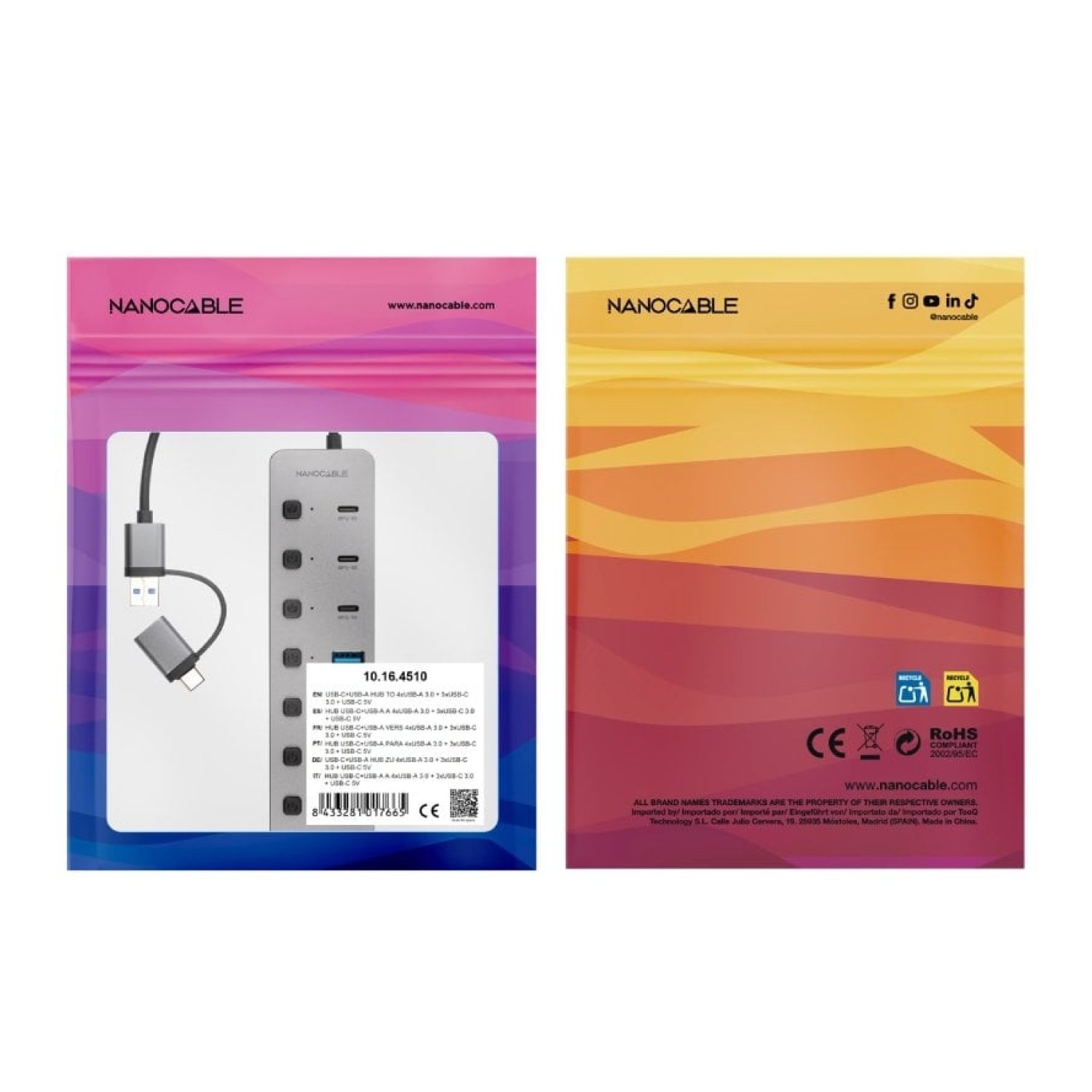Hub USB + USB Tipo-C Nanocable 10.16.4510/ 4xUSB/ 3xUSB Tipo-C/ 1xUSB Tipo-C PD/ Gris