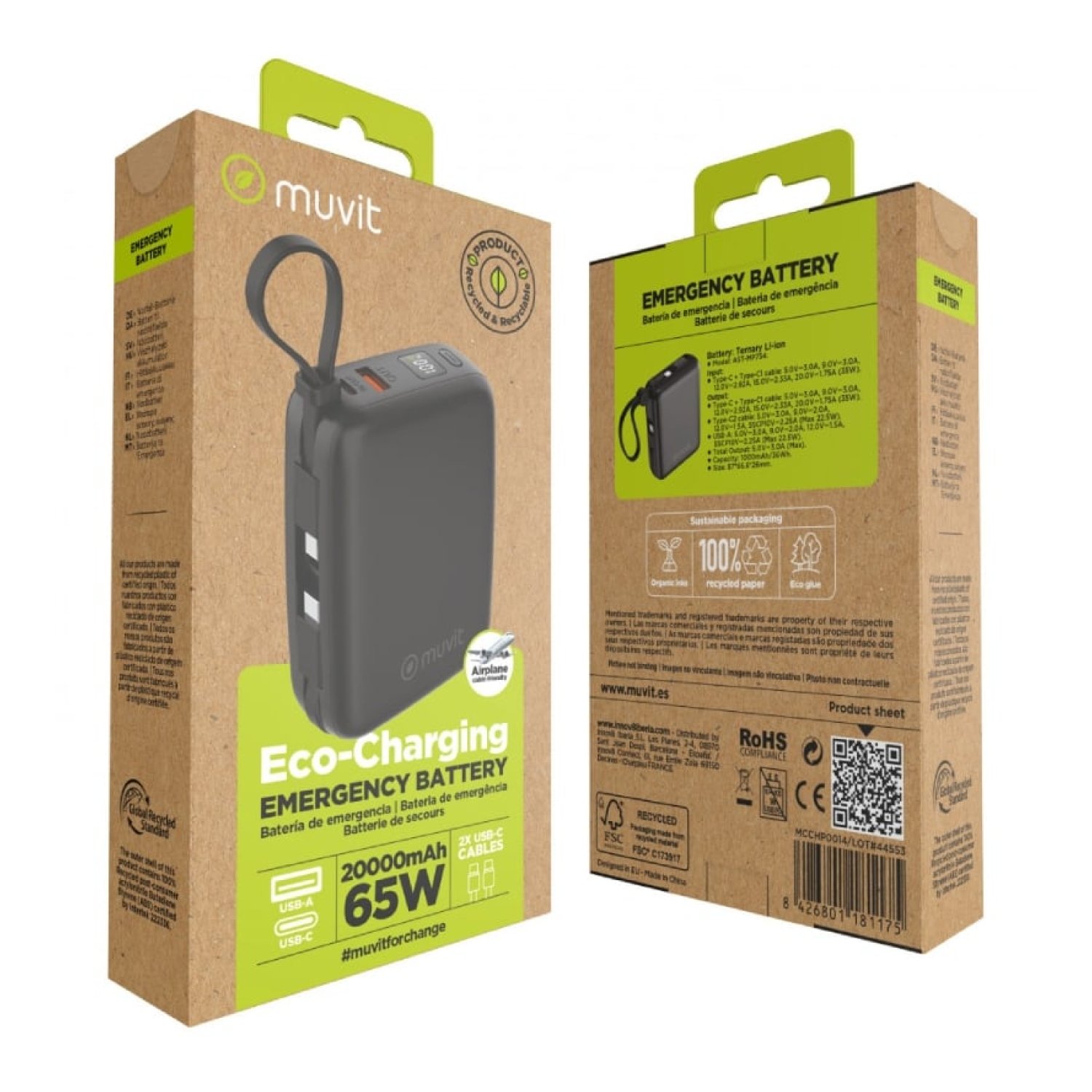 Powerbank 20000mAh Muvit For Change MCCHP0015/ 65W/ Negra