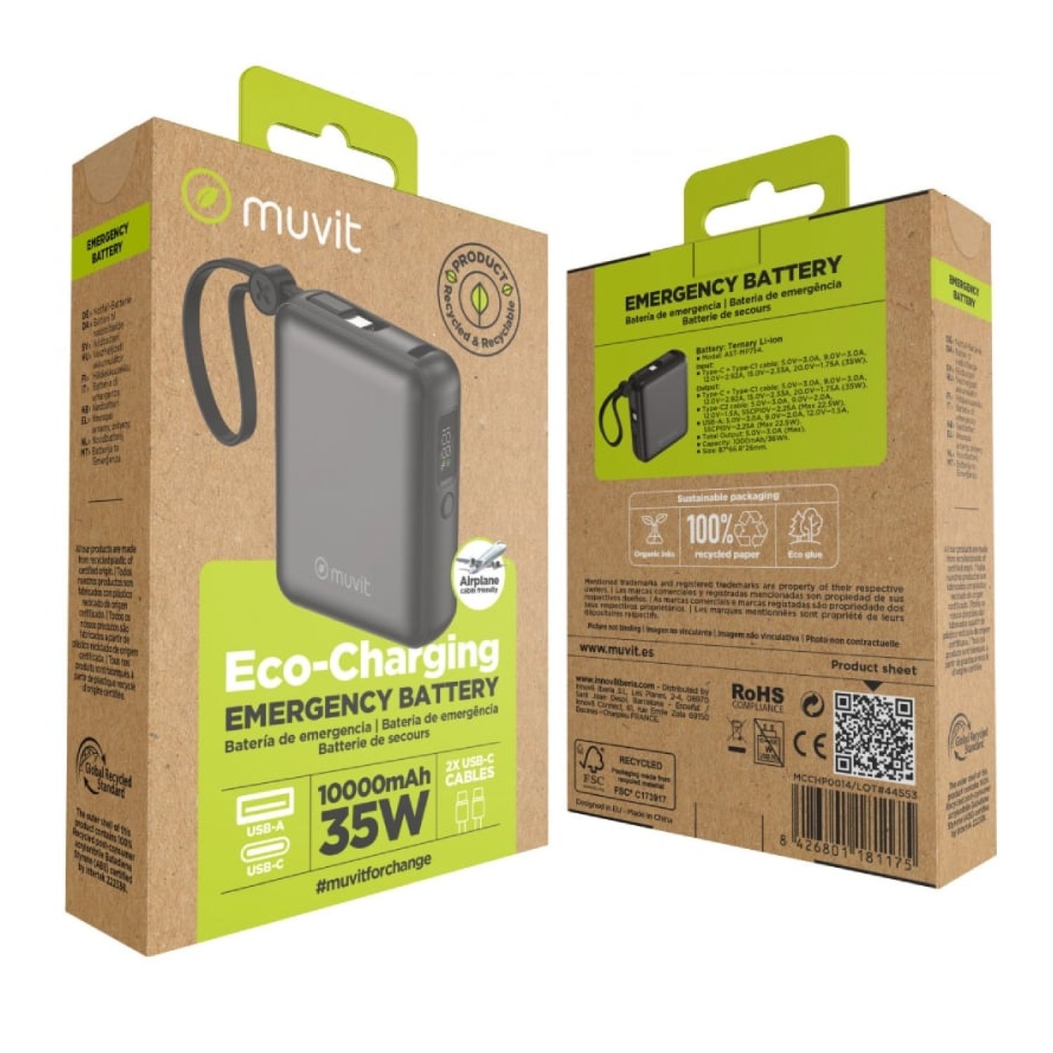 Powerbank 10000mAh Muvit For Change MCCHP0014/ 35W/ Negra