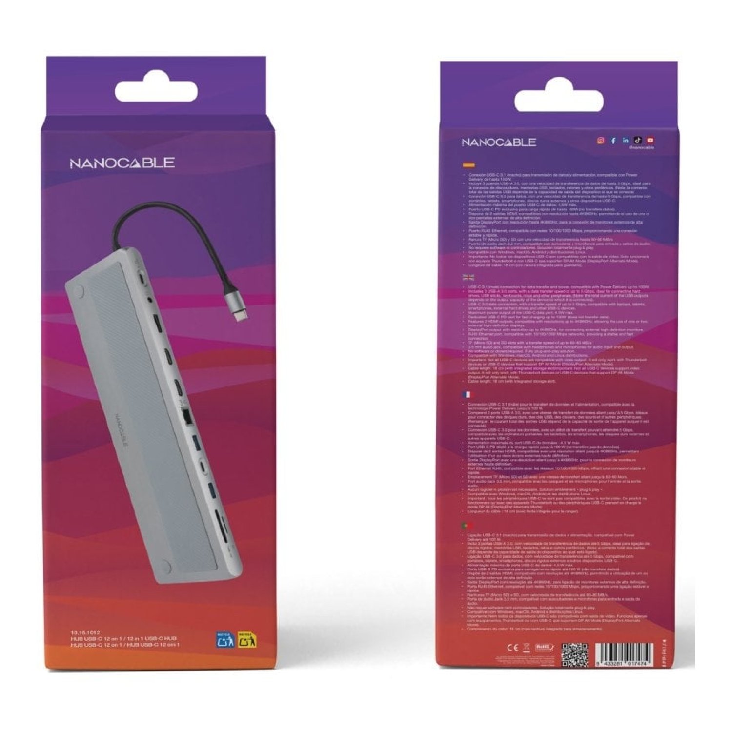 Docking Tipo-C Nanocable 10.16.1012/ 3xUSB/ 1xUSB Tipo-C/ 2xHDMI 4K/ 1xDisplayPort/ 1xRJ45/ 1xLector tarjetas/ 1xJack 3.5/ 1xUSB Tipo-C PD/ Gris
