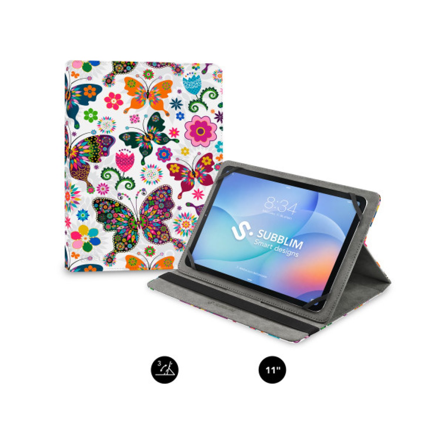 SUBBLIM Funda Tablet Universal Trendy Butterfly Garden 11" 3 Ángulos Visión Sujeción Silicona