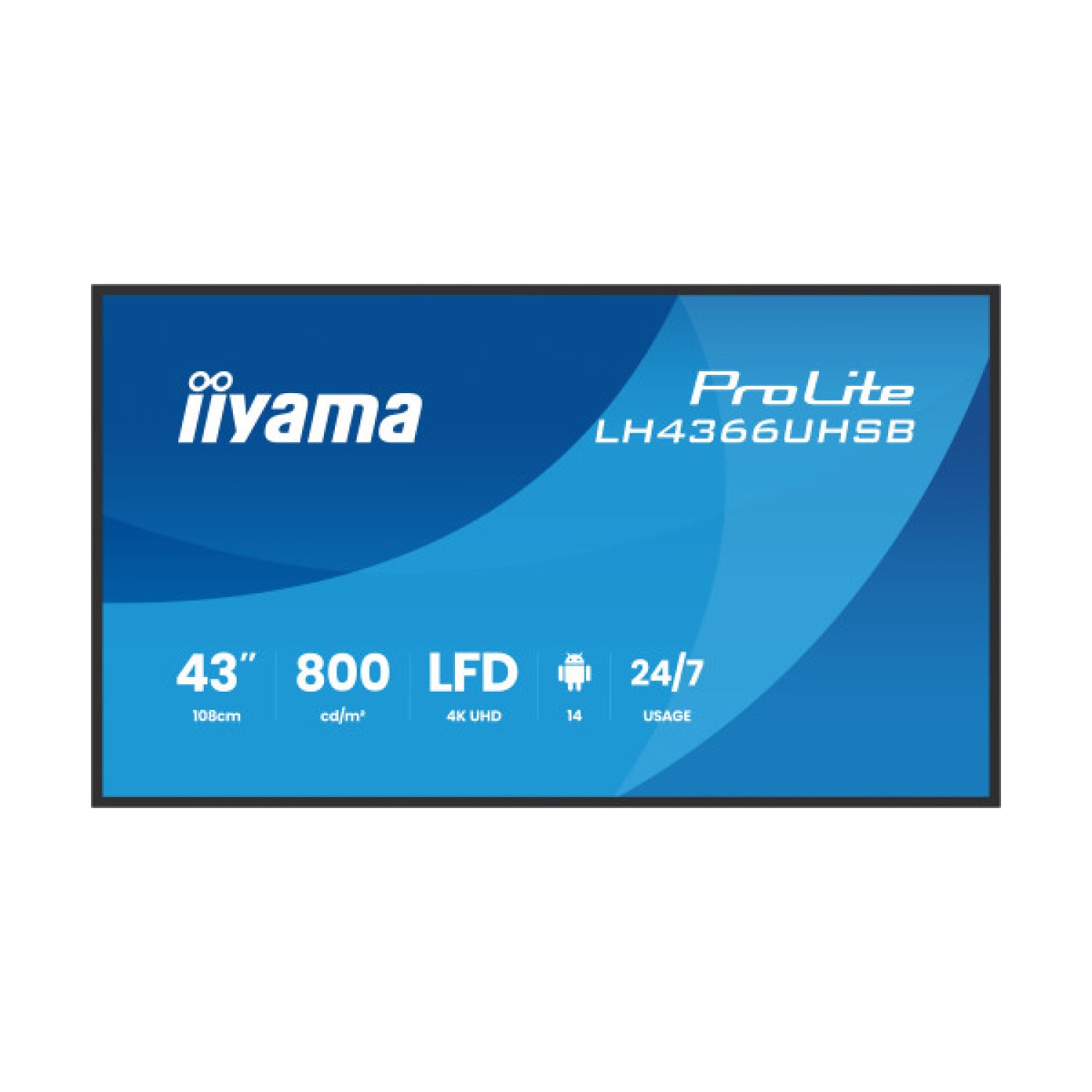 MONITOR IIYAMA 43" , UHD IPS PANEL, HAZE 1%, 800CD/M, HORIZ Y VERT, SIGNAL FAILOVER, MM 2X 10W,  HDMI 2X, DP, USB 2.0 X2, WIFI, LAN, WALL MOUNT INCL, CONTROL LAN / RS232C, IISIGNAGE2  E-SHARE, ANDROID 11 OS,  24/7,(300X300)(LH4366UHSB-B1AG)