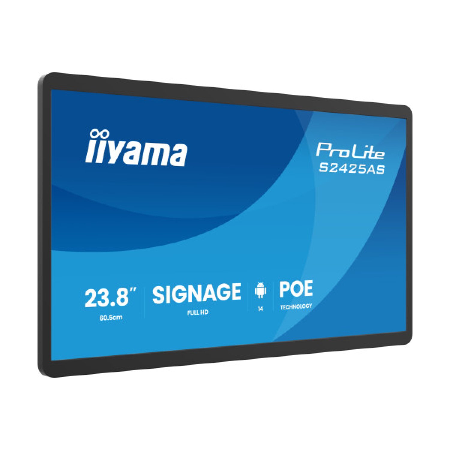 IIYAMA 24" SMALL FORMAT SIGNAGE WITH ANDROID 14+GMS, 5-YEAR IISIGNAGE2 LICENCE, SOC OCTA-CORE RK3576 4GB, STORAGE 32GB, 1920X1080, 500CD/M², IPS PANEL, USB-C (VIDEO OUT), SPEAKERS, MICROPHONE, WIFI6, BT5.3, USB 3.2+2.0, CABLE COVER (S2425AS-B1P)