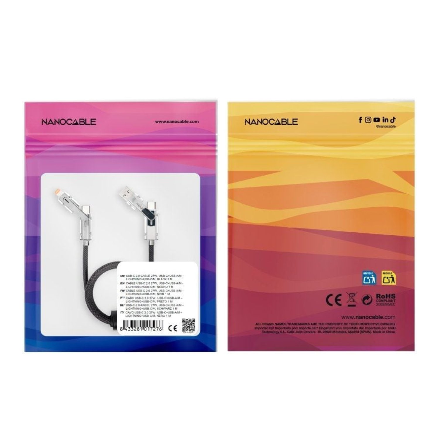 Nanocable · Cable USB 2.0 Tipo-C · 2m · 480Mbps · 27W · Negro
