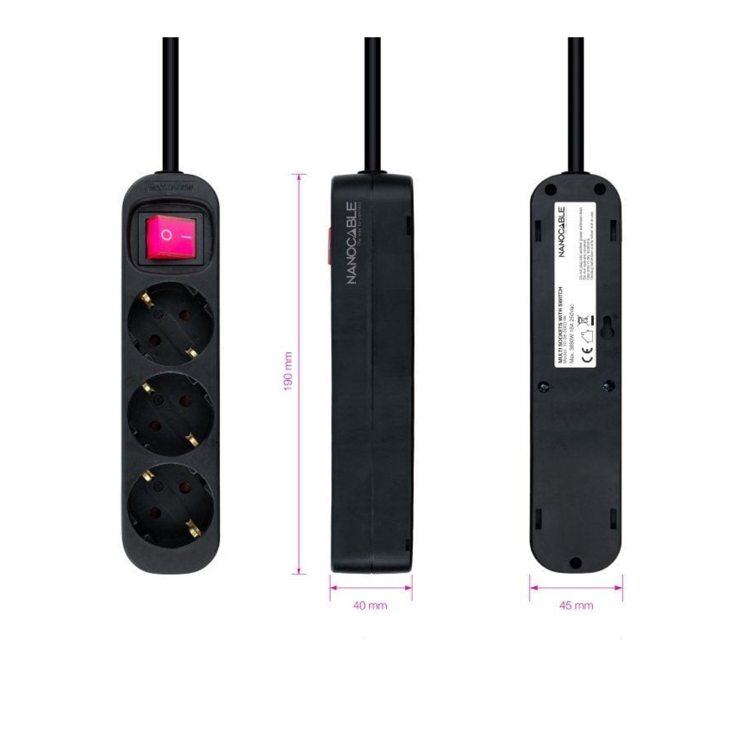 Nanocable · Regleta 3 Tomas · Cable 1,4m · Negra
