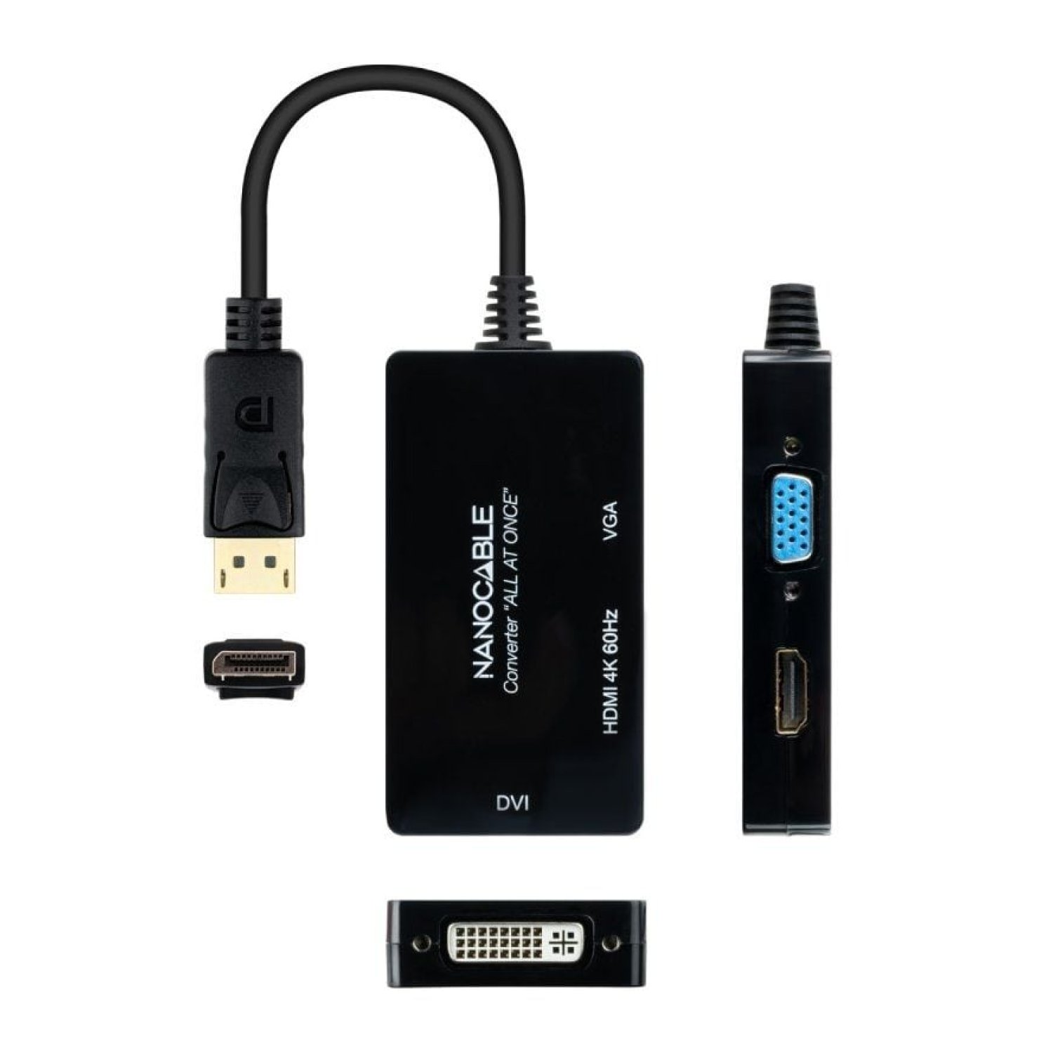 Nanocable · Cable DisplayPort · HDMI + DVI-D + VGA · 20cm · Negro