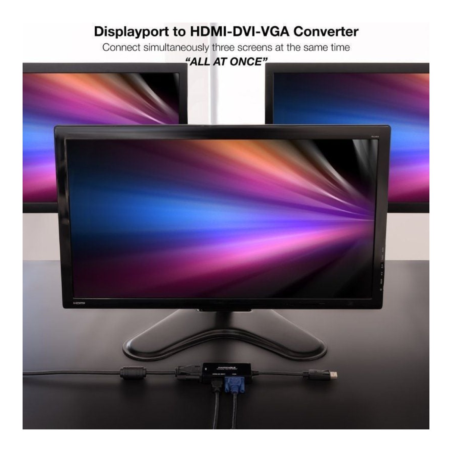 Nanocable · Cable DisplayPort · HDMI + DVI-D + VGA · 20cm · Negro