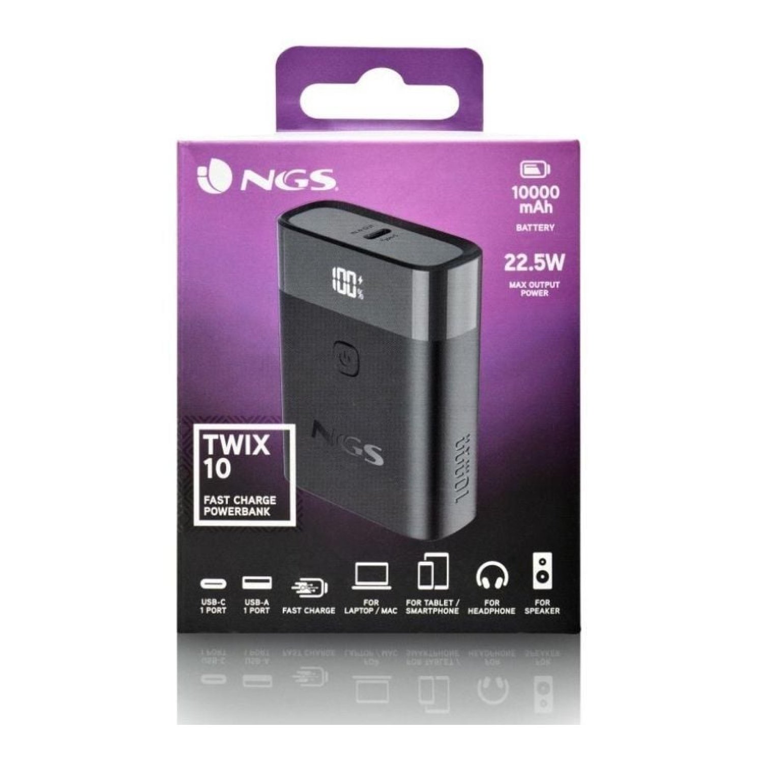 NGS Twix10 · Power Bank 10000mAh · 22.5W · Carga Rápida · Negro