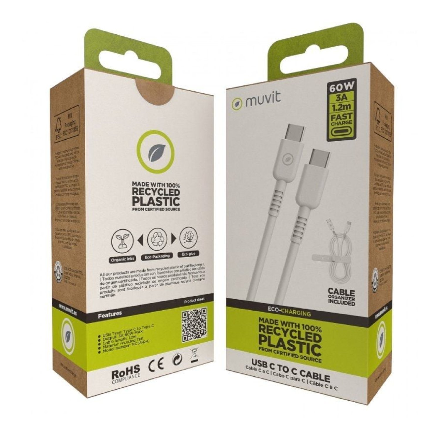 Muvit For Change · Cable USB Tipo-C · 1,2m · 60W · 480Mbps · Blanco