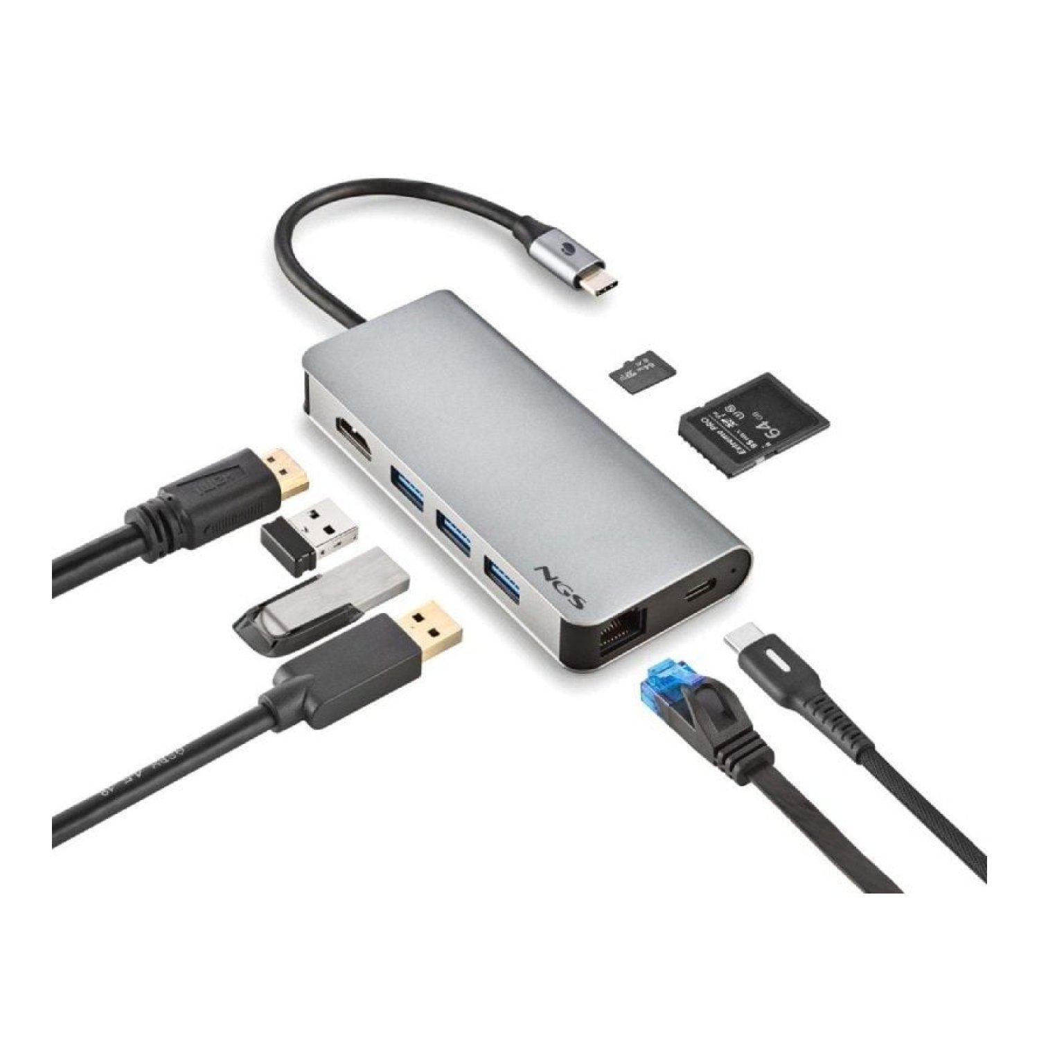 NGS WonderDock 8 · Docking USB-C · 3xUSB · 1xUSB-C DP · HDMI 4K · RJ45 · Lector SD