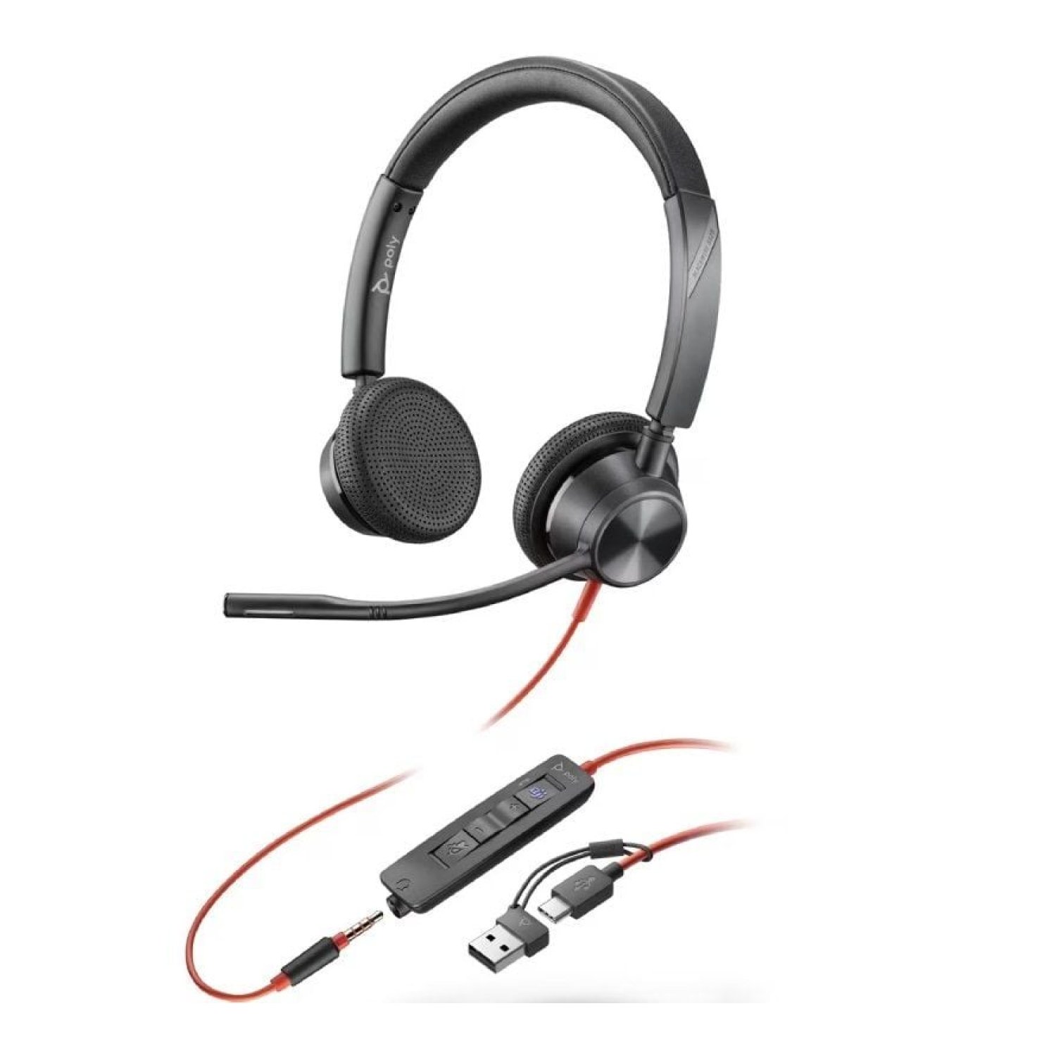 Poly Blackwire 3225 · Auriculares para Teams · Micrófono · USB-C/A · Jack 3.5mm · Negros