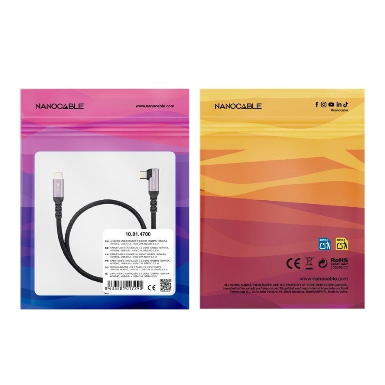 Nanocable · Cable USB 3.2 Tipo-C Acodado · 100W · 10Gbps · 50cm · Negro