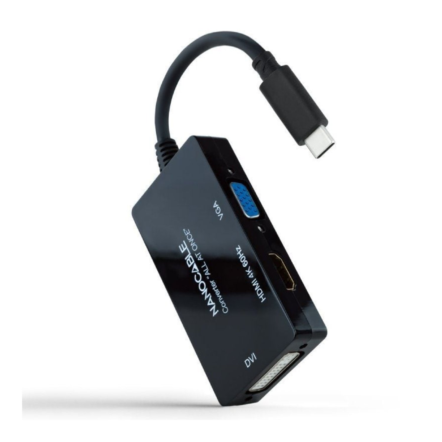 Nanocable · Conversor USB-C · HDMI + DVI-I + VGA · 20cm · Negro