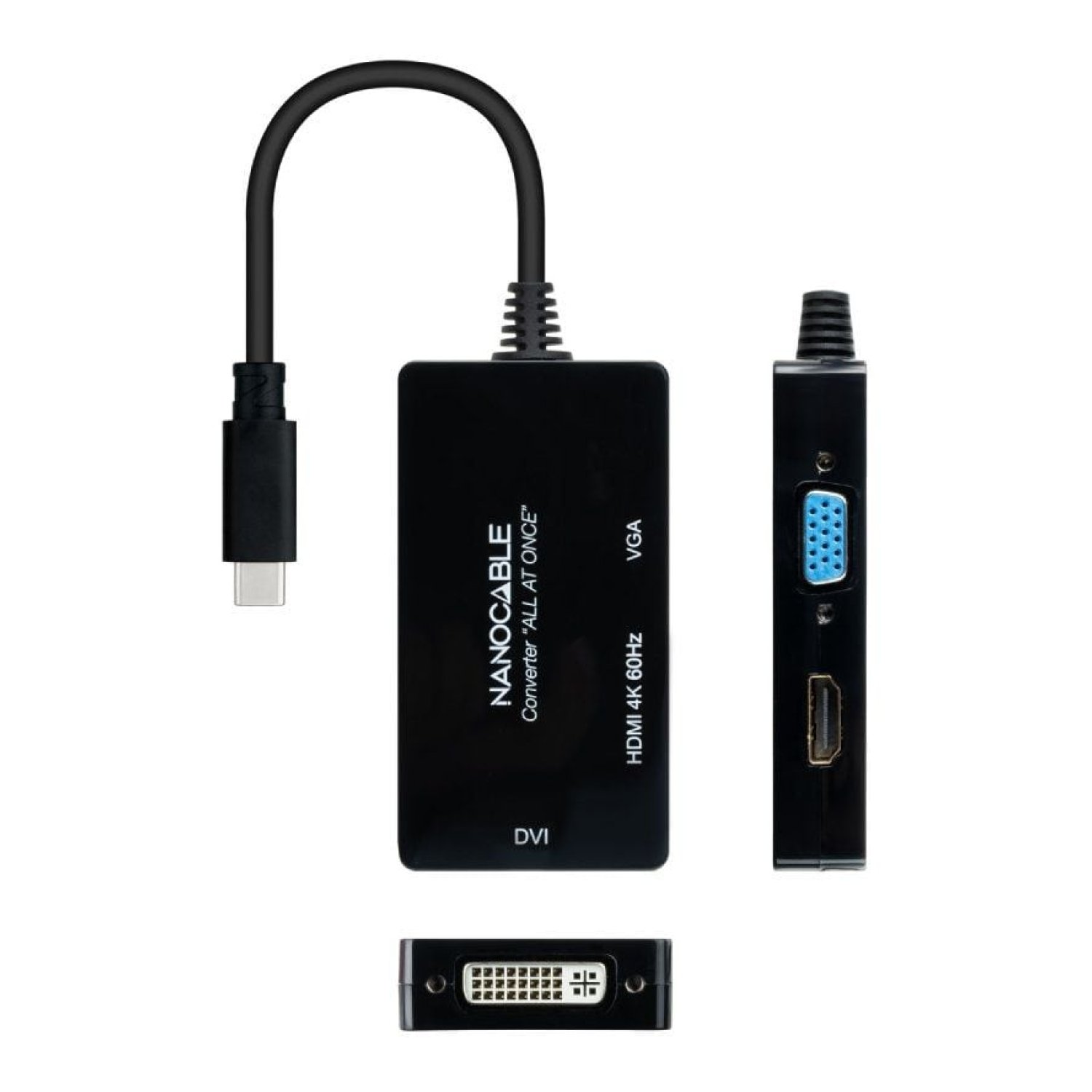 Nanocable · Conversor USB-C · HDMI + DVI-I + VGA · 20cm · Negro
