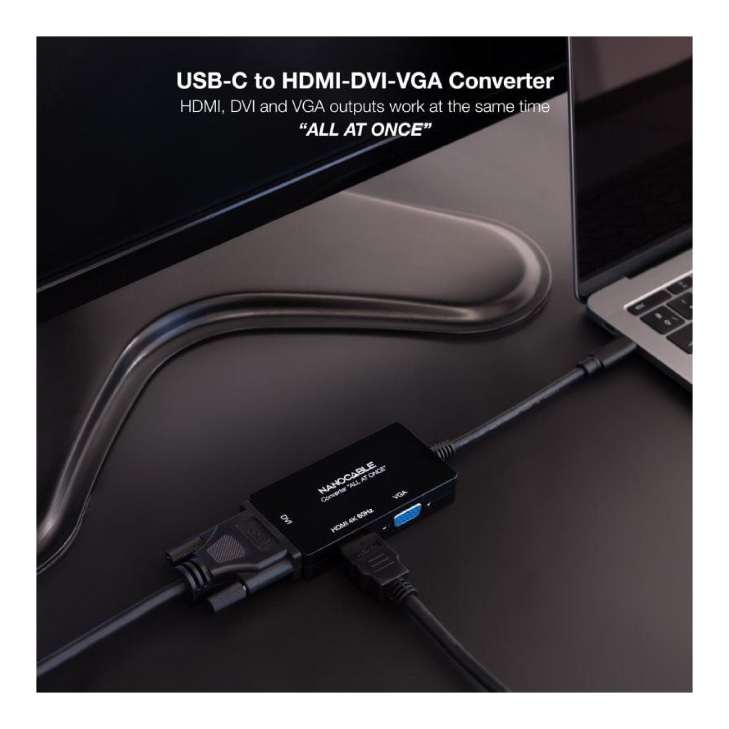 Nanocable · Conversor USB-C · HDMI + DVI-I + VGA · 20cm · Negro