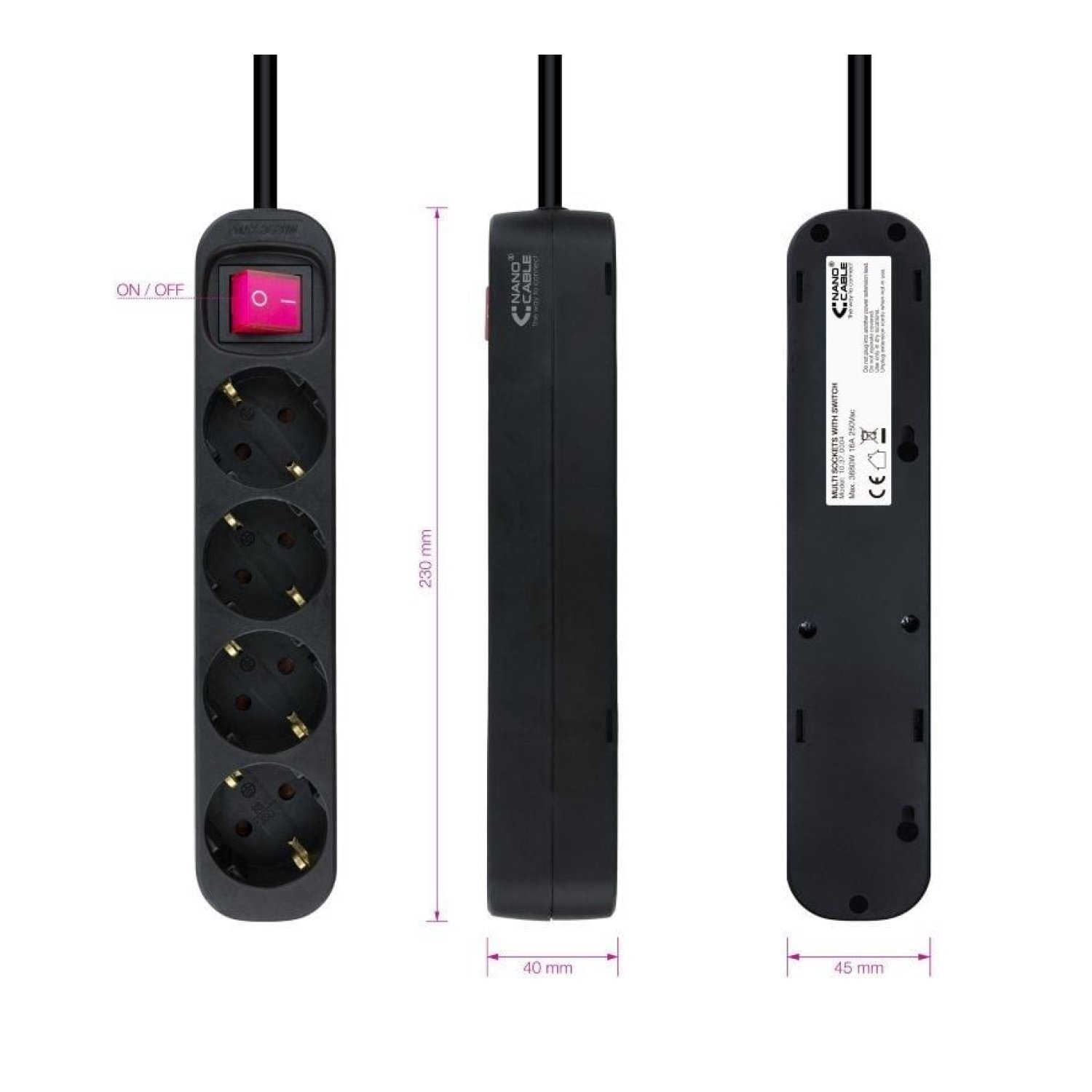 Nanocable · Regleta 4 Tomas · Cable 1,4m · Negro